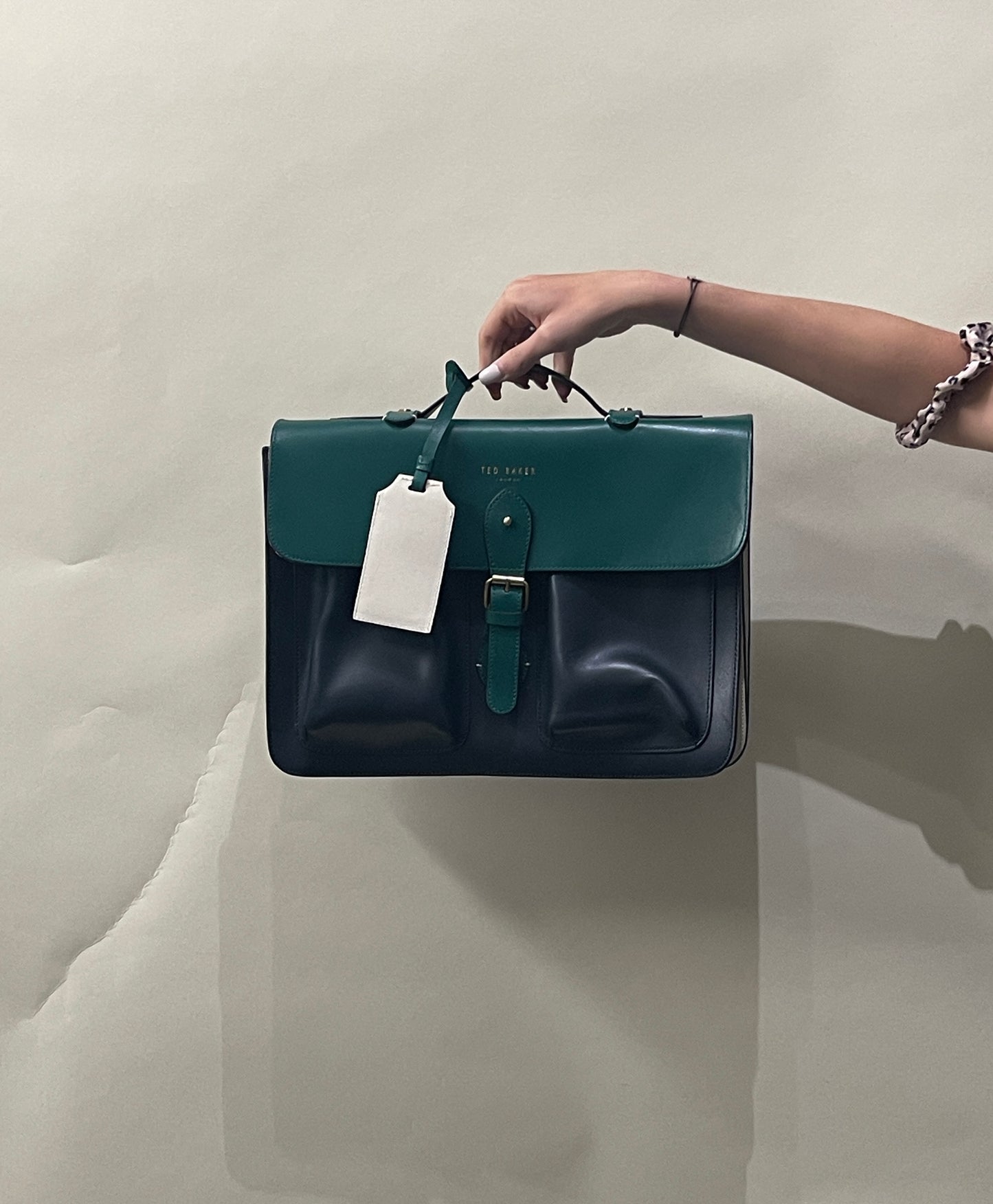 Ted Baker Navy Blue & Green Leather Harlemm Briefcase