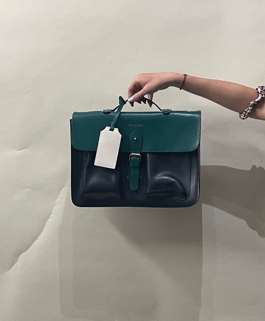 Ted Baker Navy Blue & Green Leather Harlemm Briefcase