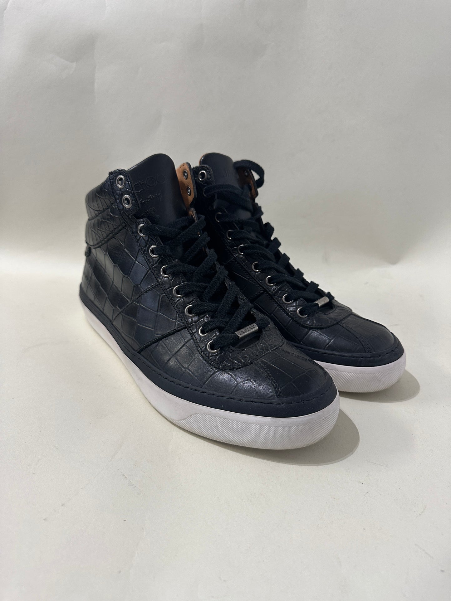 Jimmy Choo Black Croc Embossed Leather High Top Sneakers 8 M / 9.5 W