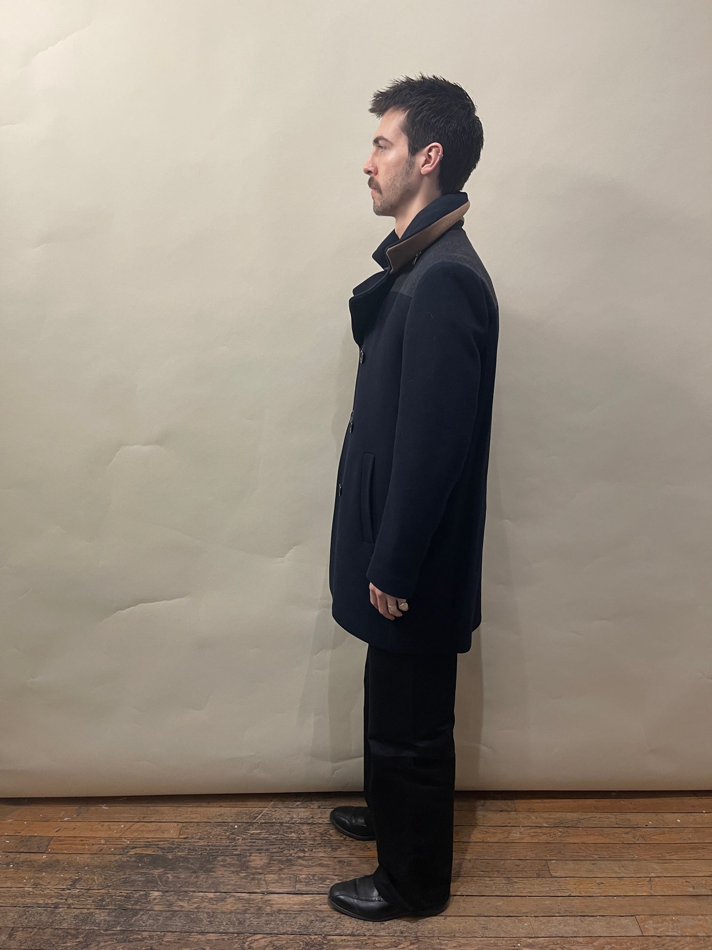 Paul Smith Navy, Grey, & Camel Colour Blocked Wool Blend DB Overcoat Large - L