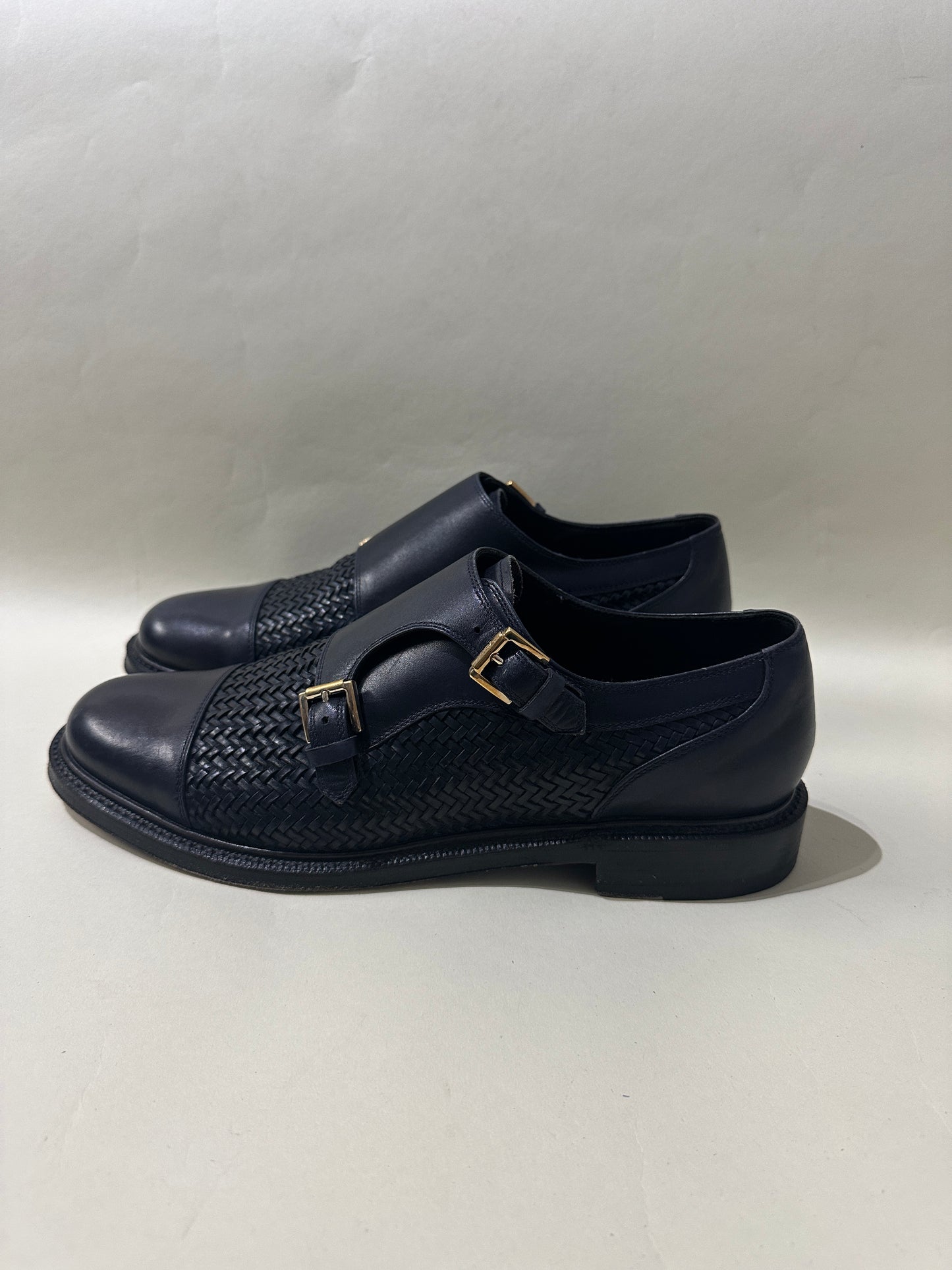 Brioni Navy Blue Leather Woven Monk Strap Dress Shoes 10 M / 11.5 W
