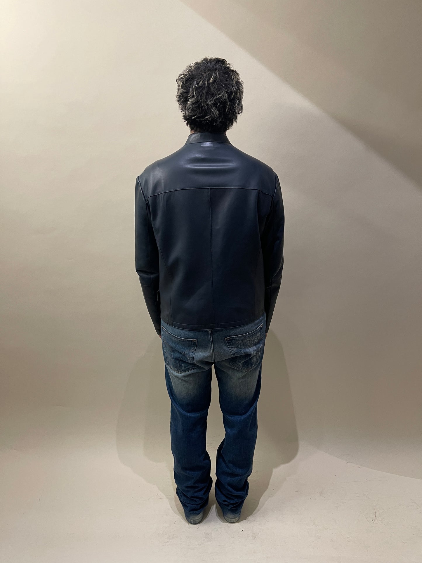 Emporio Armani Slate Blue Lamb Leather Cafe Racer Style Jacket 44