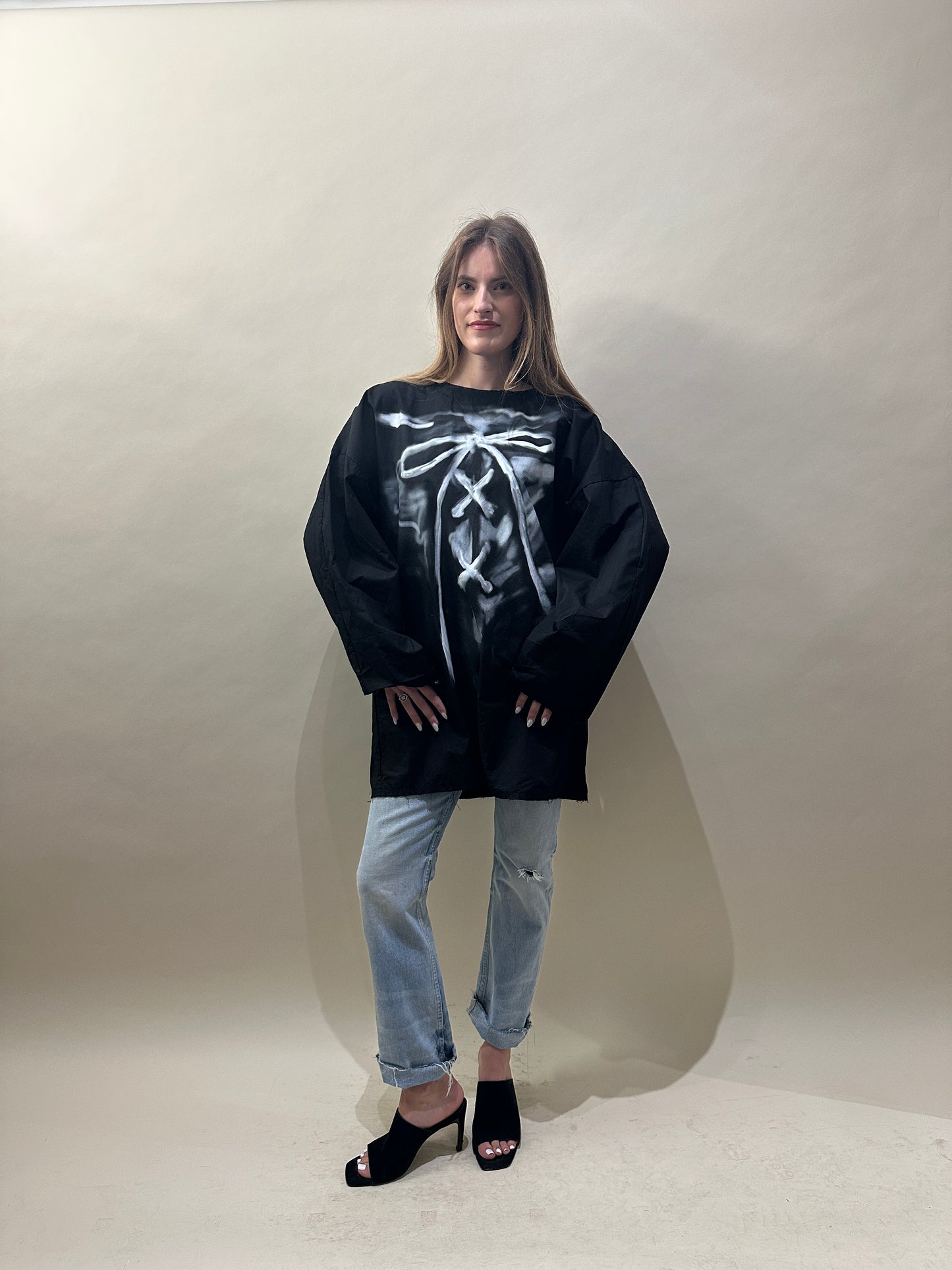 WE11DONE Black Cotton Poplin Raw Edge Graphic LS T-Shirt Large - L