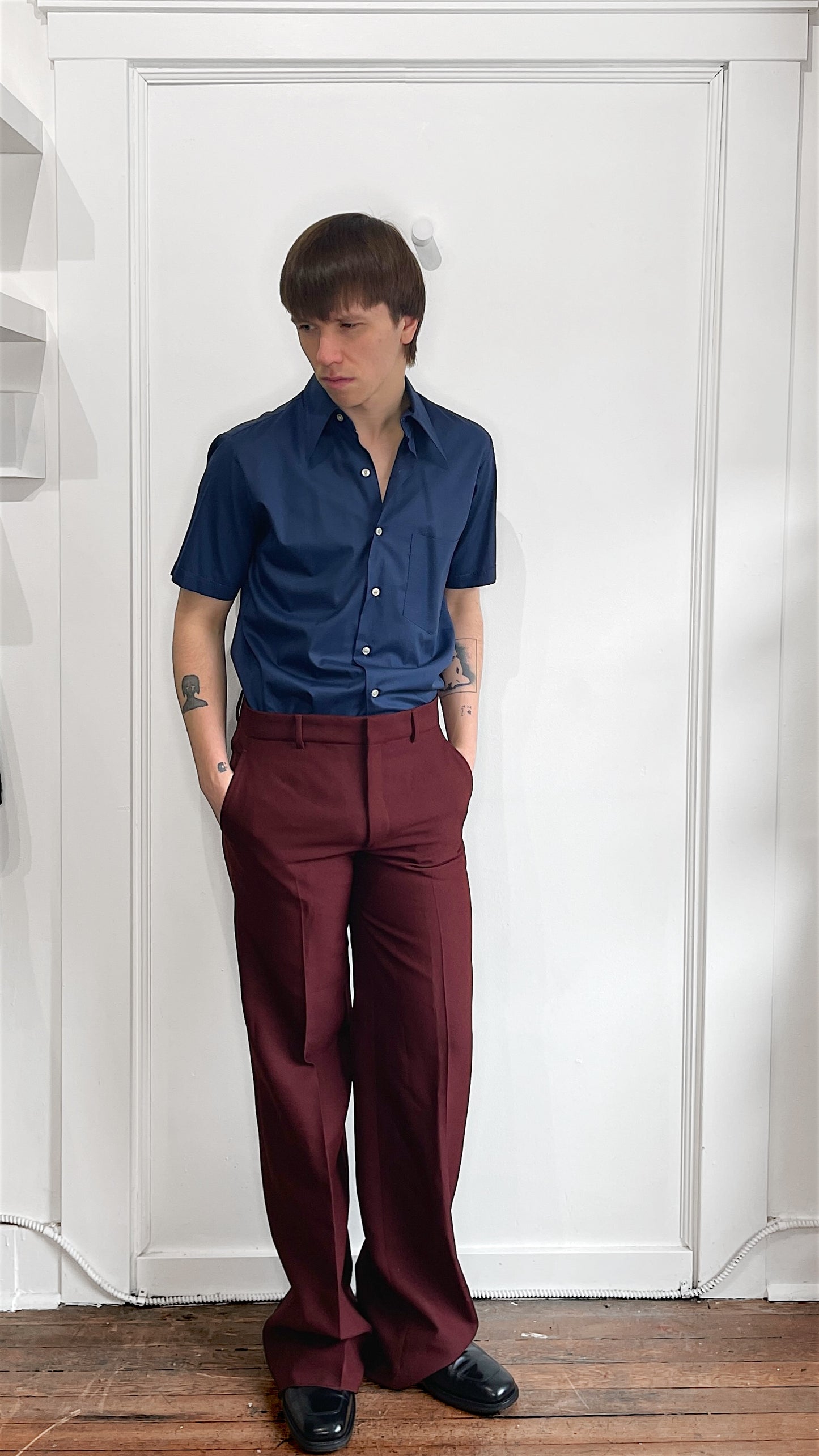 Miu Miu Maroon Polyester Creased Flared Trousers 32