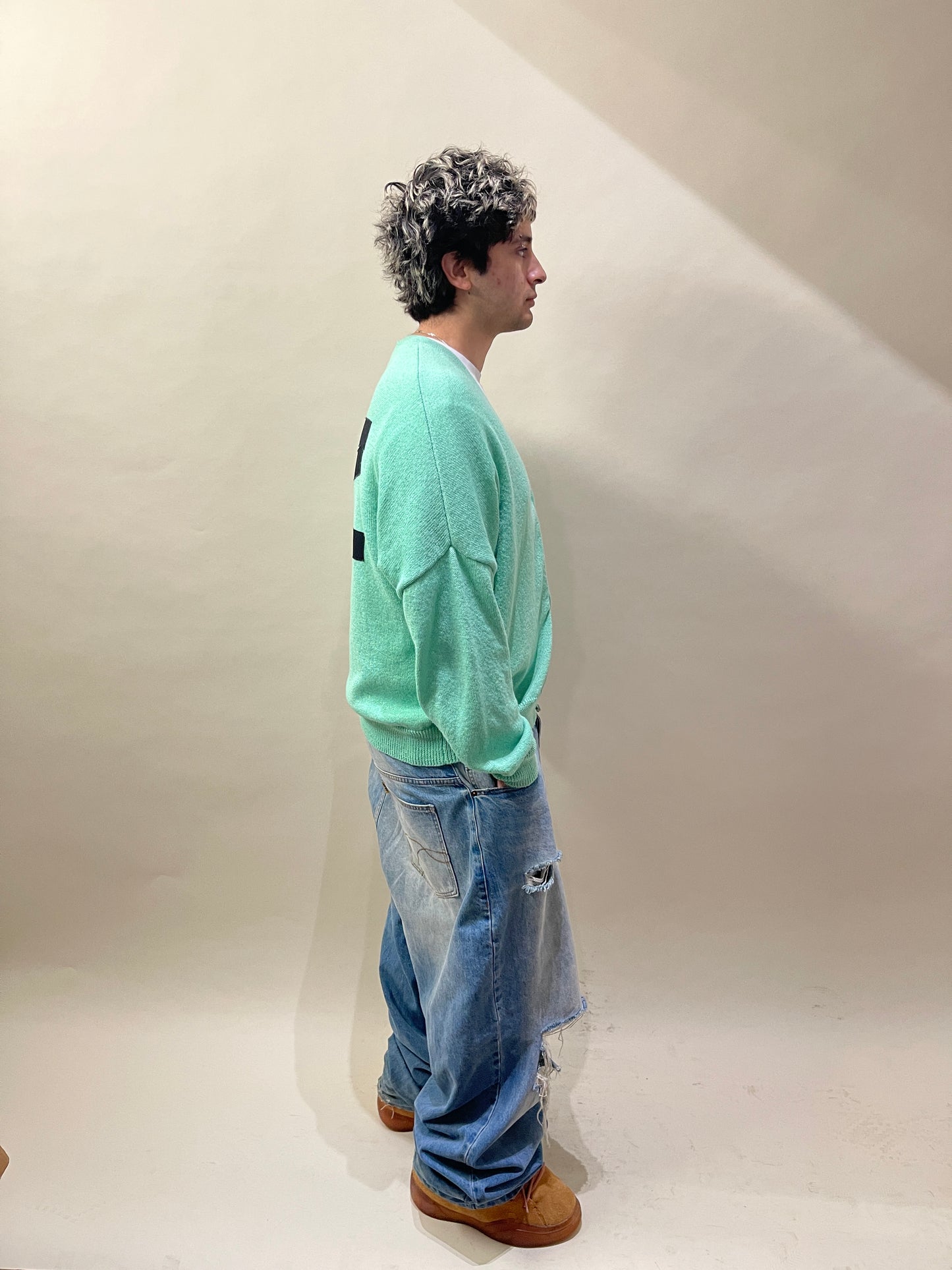032c Off-Green Polyester Knit Cardigan Medium - M