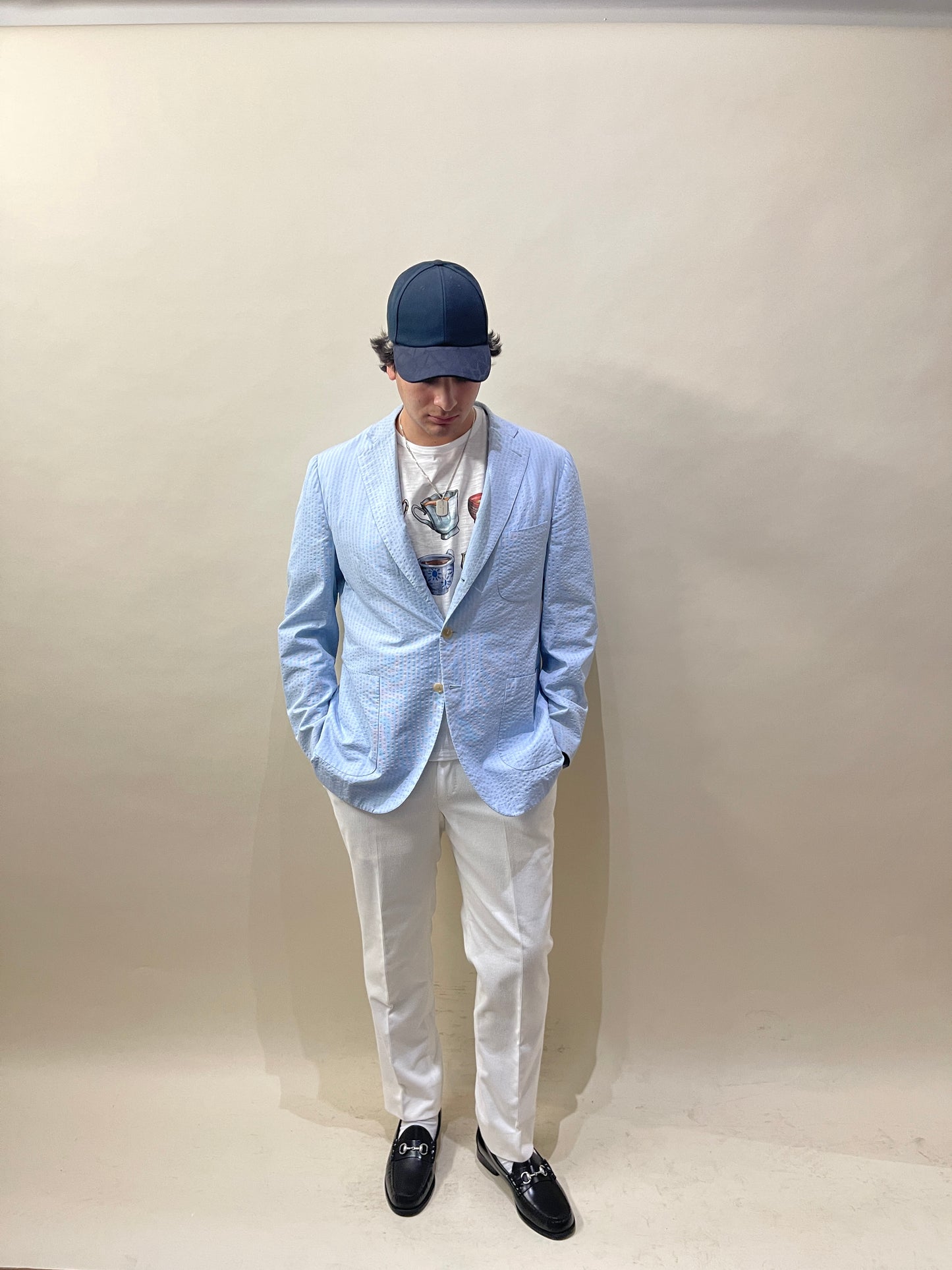 Isaia Light Blue & White Striped Seersucker Cotton Sport Coat 44