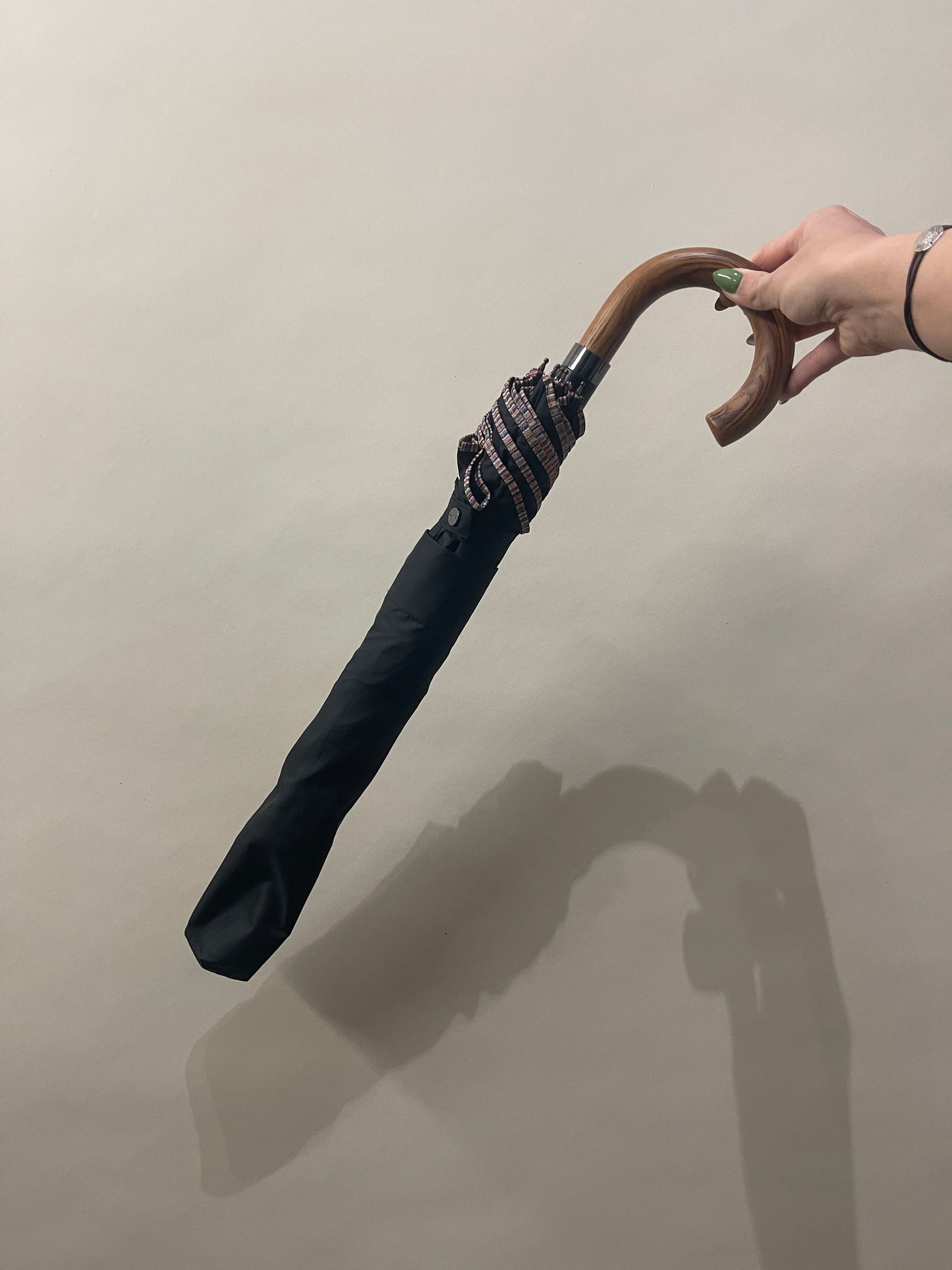 Paul Smith Black 'Signature Stripe' Wooden Handle Umbrella