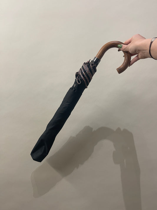 Paul Smith Black 'Signature Stripe' Wooden Handle Umbrella