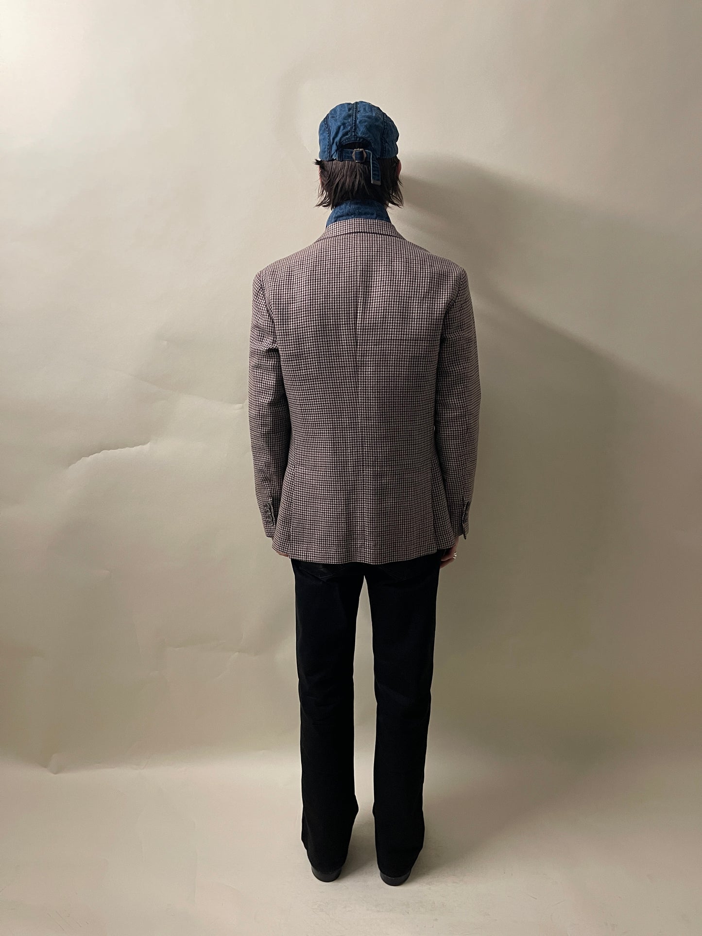 Brunello Cucinelli Maroon, Brown, & Black Houndstooth Plaid Linen Blend Unlined Sport Coat 40