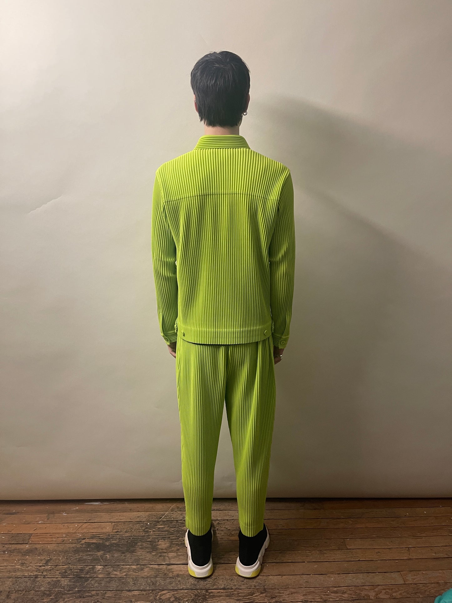 Homme Plissé Issey Miyake Lime Green Pleated Collared Jacket Large - L