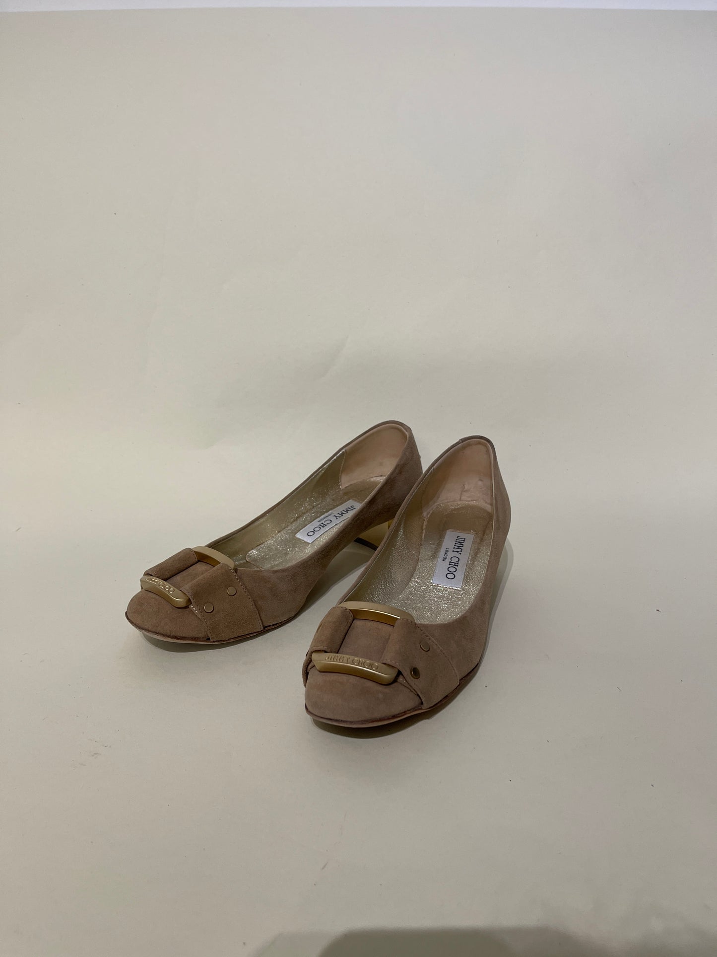 Jimmy Choo Beige Suede Buckle Front Block Heel Pumps 5 M / 6.5 W