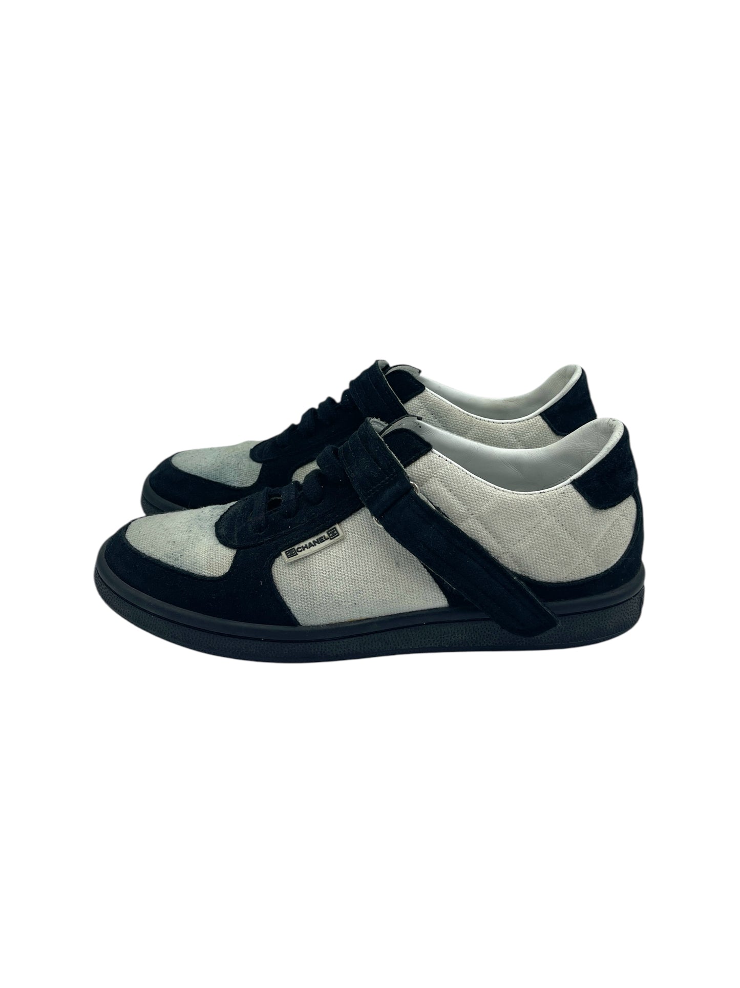 Chanel White Canvas & Black Suede Velcro Strap Sneakers 6 M / 7.5 W