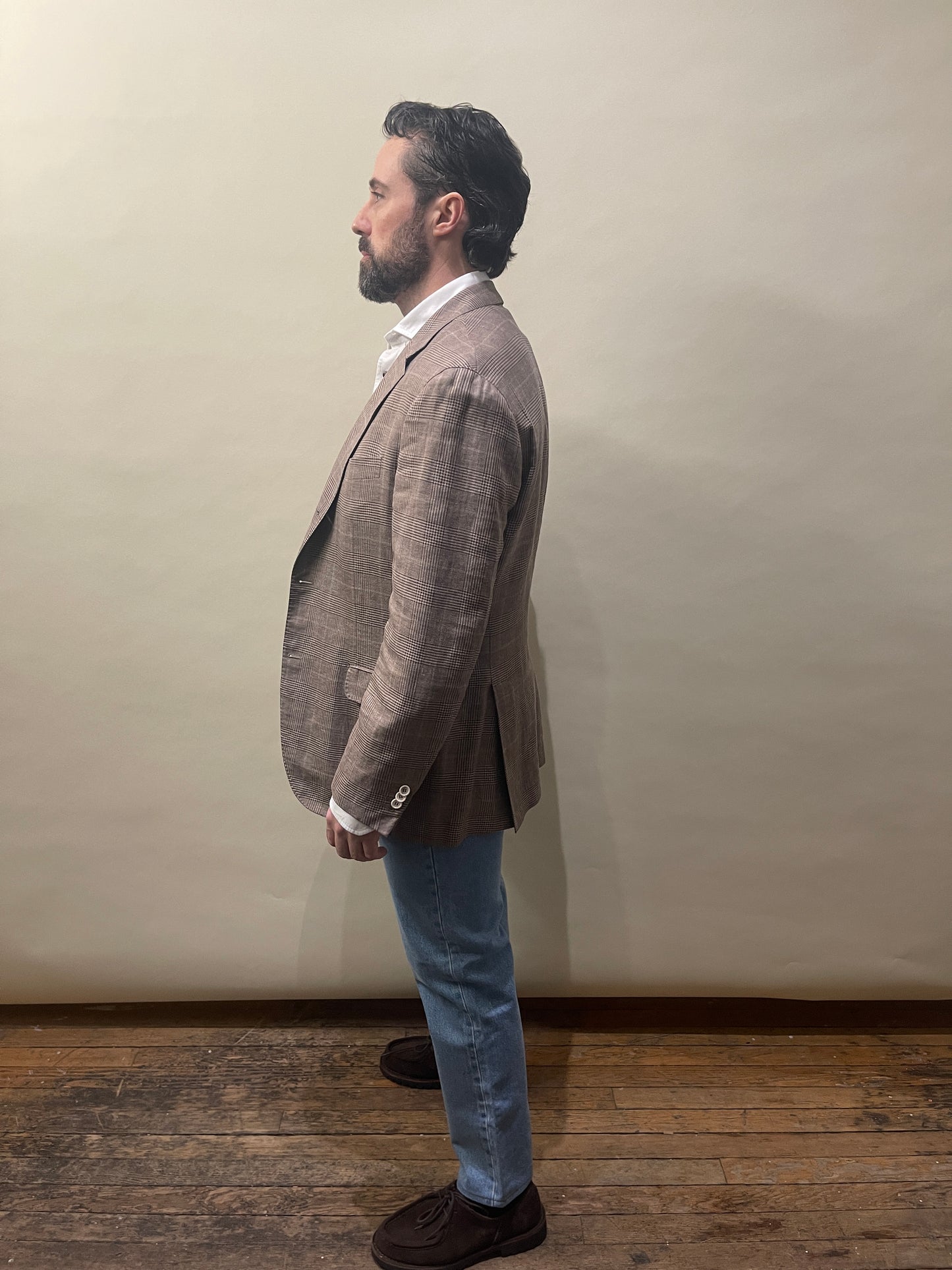 Brunello Cucinelli Beige & Brown Glen Check Linen Wool Silk Sport Coat 44