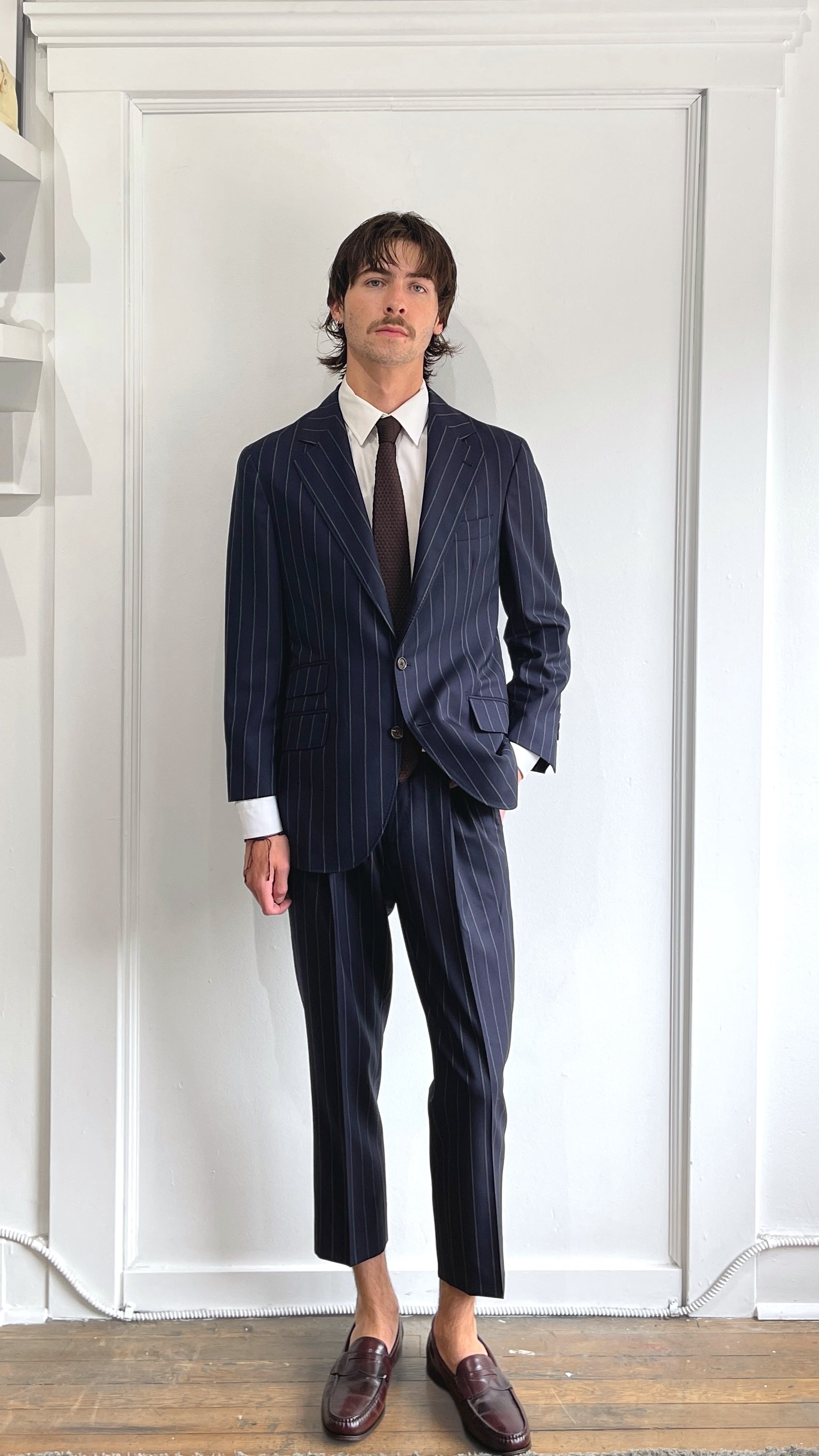 Bruno Cucinelli Navy Chalkstripe Wool Suit IT46 36 Genuine Design Luxury Consignment