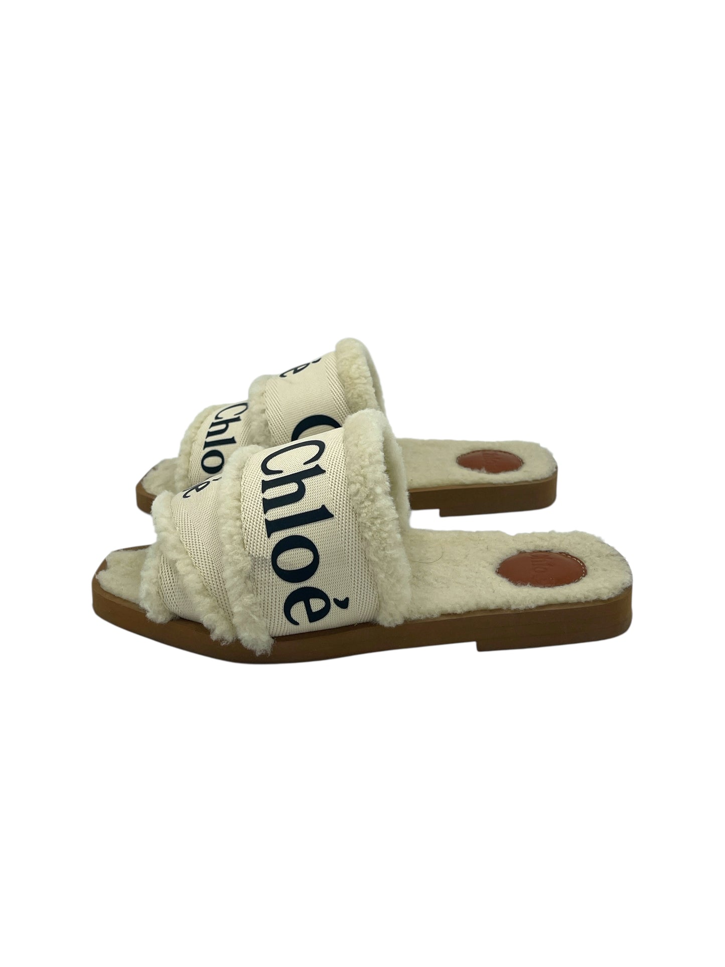 Chloé Cream & Brown Shearling Flat Slide 6 M / 7.5 W