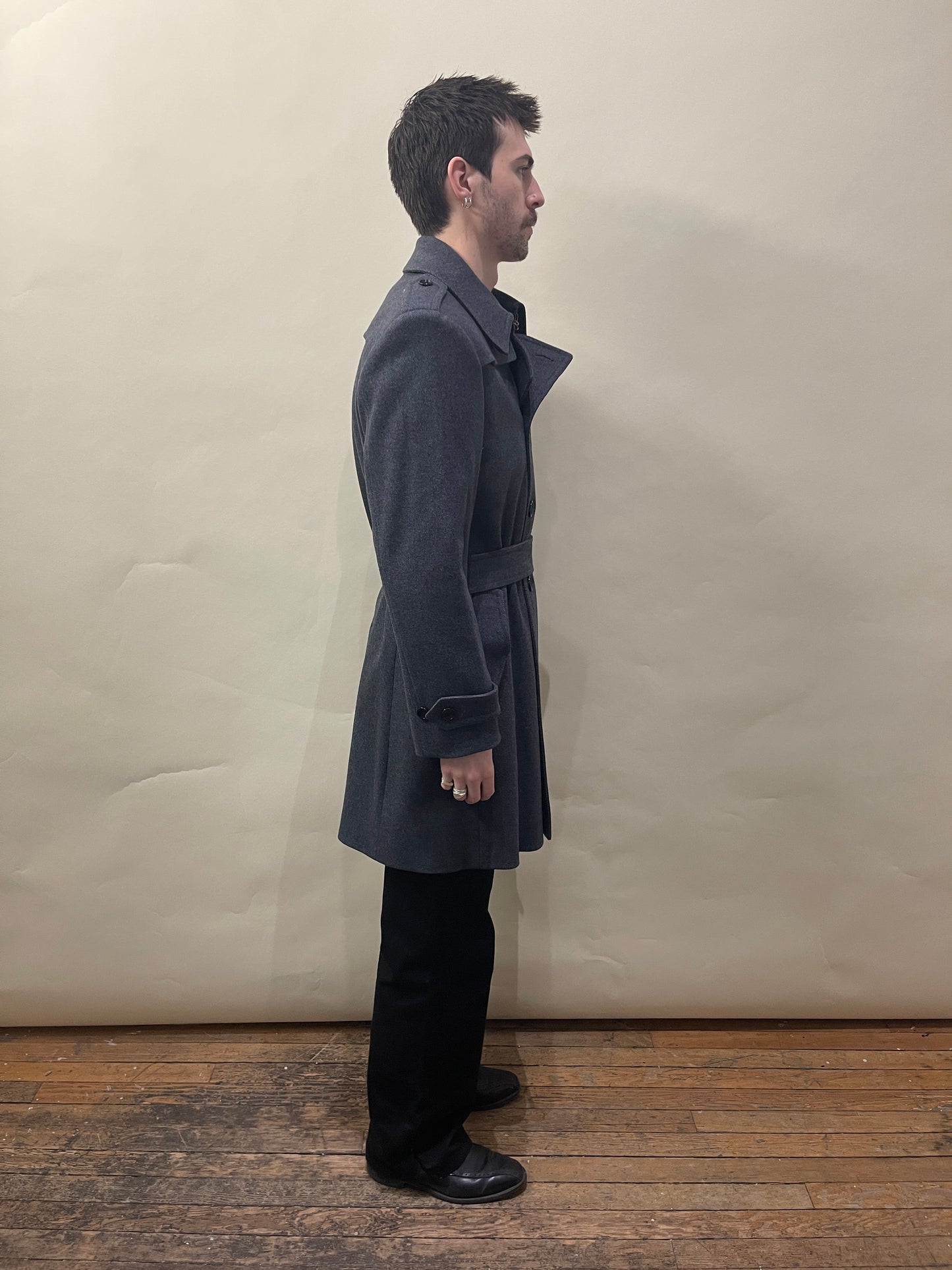 Burberry Dark Grey Wool Blend DB Belted Overcoat 42