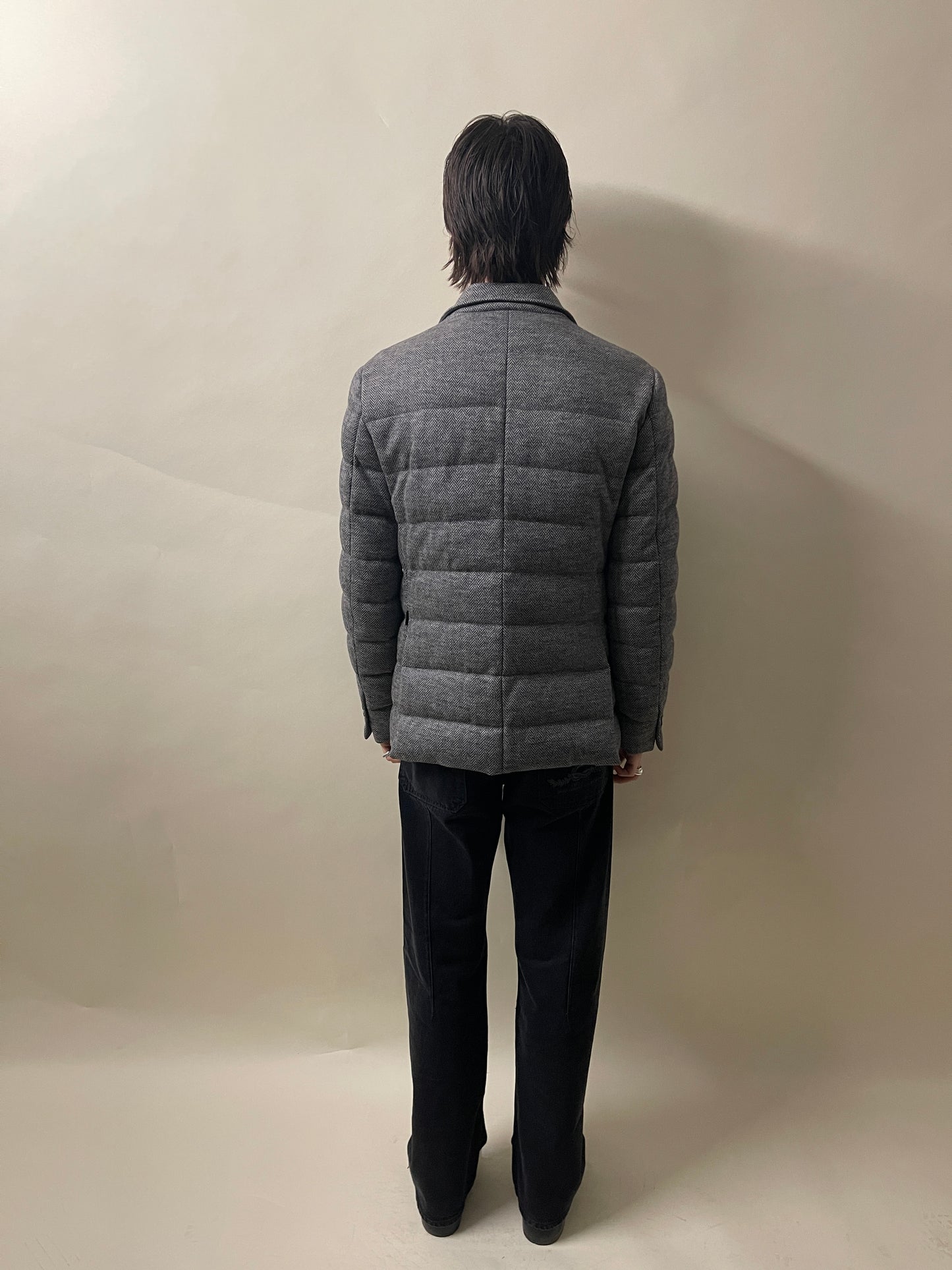 Moncler Grey Herringbone Wool Down Filled Rodin Jacket Medium - M
