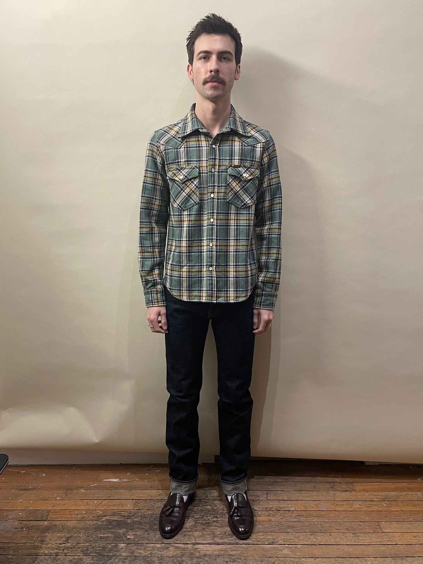 Iron Heart Green, Yellow, & Navy Plaid Heavy Western Flannel Large - L