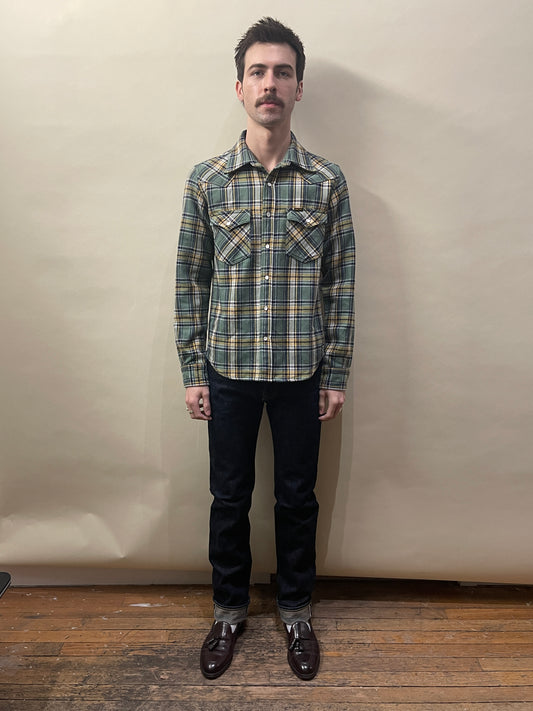 Iron Heart Green, Yellow, & Navy Plaid Heavy Western Flannel Large - L