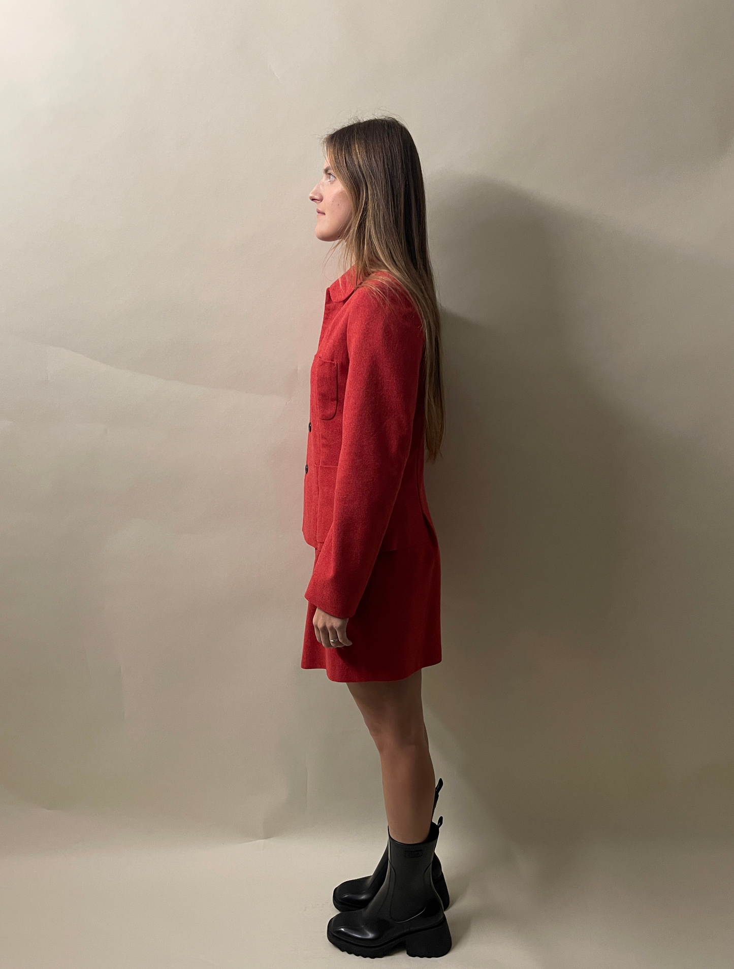 Comme Des Garcons Red Wool Blend Jacket & Skirt Dress Small - S
