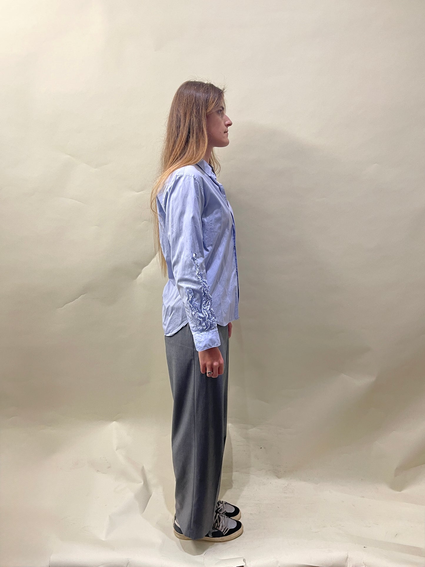 Comme Des Garcons Homme Plus Light Blue Cotton Ruffled Sleeve LS Button Up Extra Small - XS