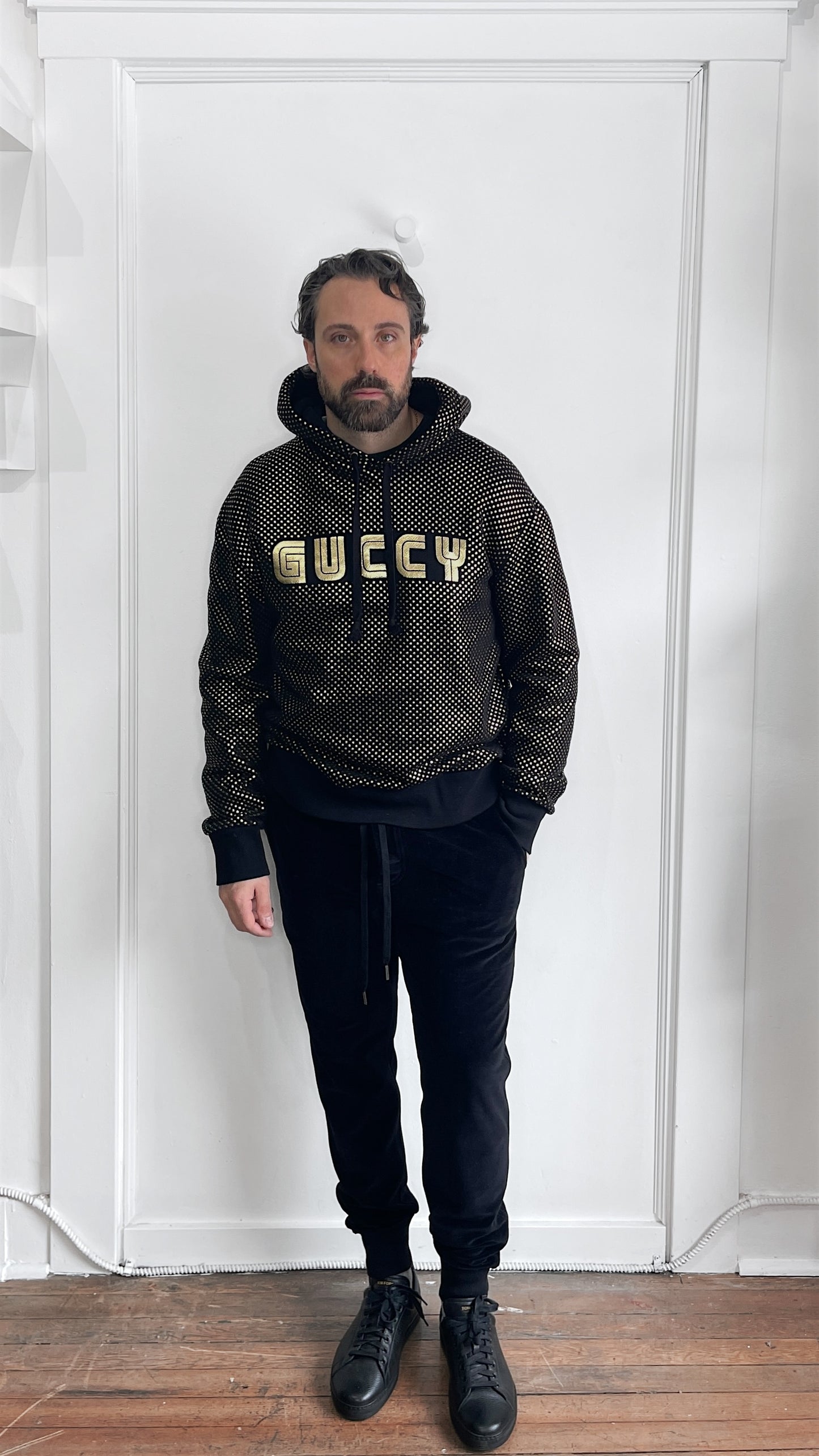 Gucci Black & Gold 'Guccy' Star Pattern Hoodie Large