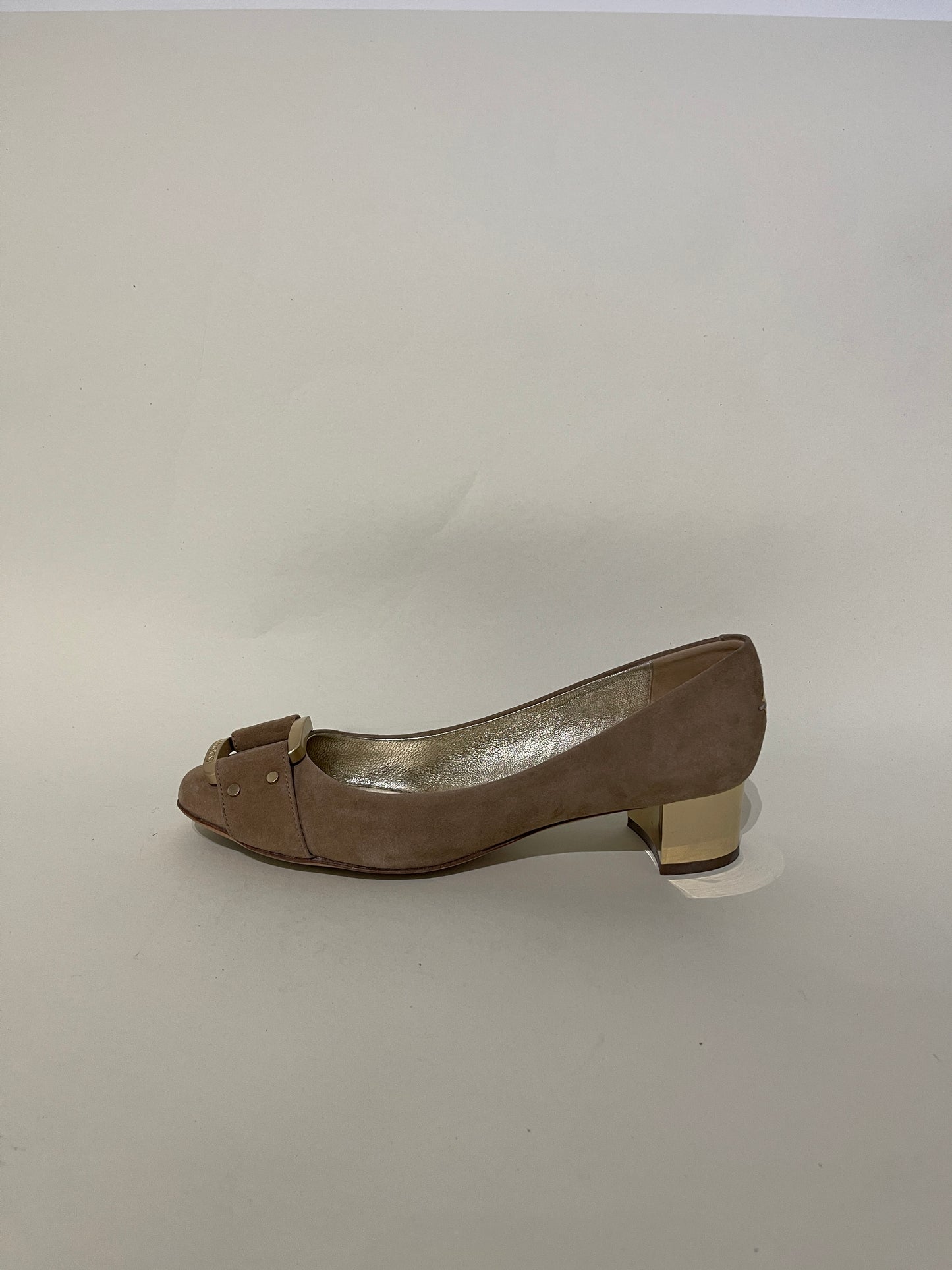 Jimmy Choo Beige Suede Buckle Front Block Heel Pumps 5 M / 6.5 W