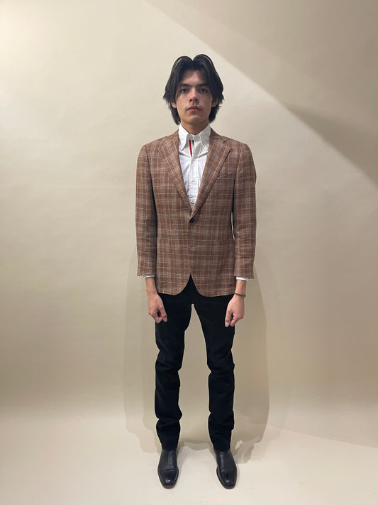 Suitsupply Light Brown & Blue Plaid Wool Silk Linen Sport Coat 38S