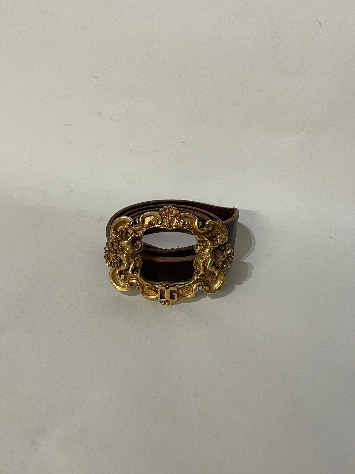 Dolce & Gabbana Brown Leather & Gold Baroque Frame Belt 40