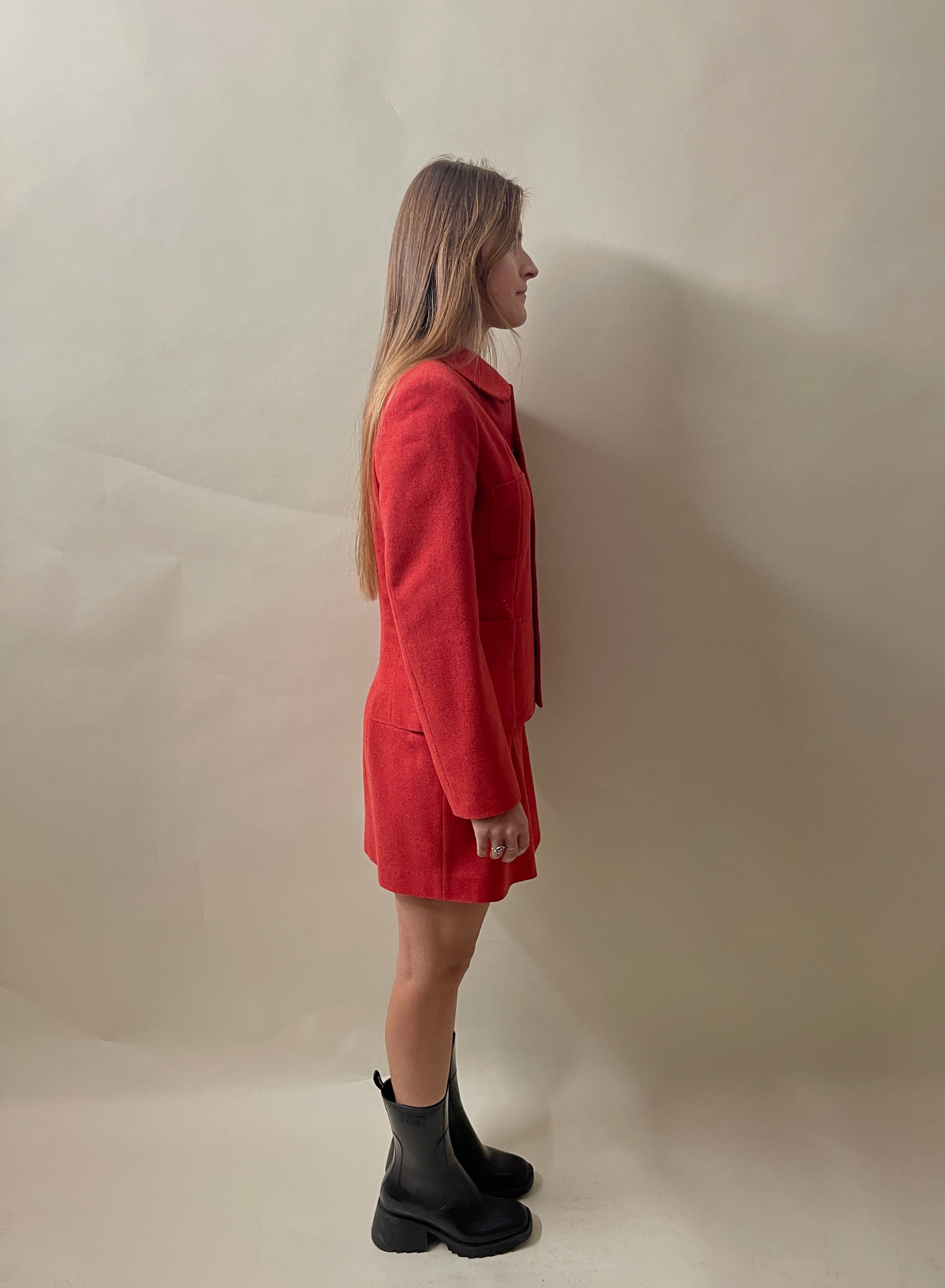 Comme Des Garcons Red Wool Blend Jacket & Skirt Dress Small - S