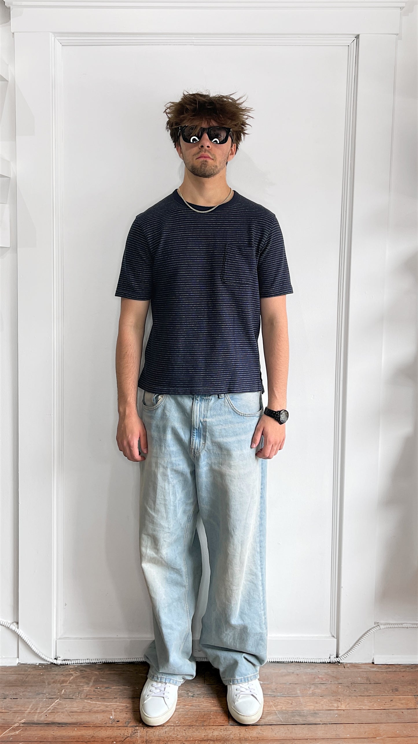 Nanamica Navy Blue & White Birdseye Stripe T-Shirt Medium