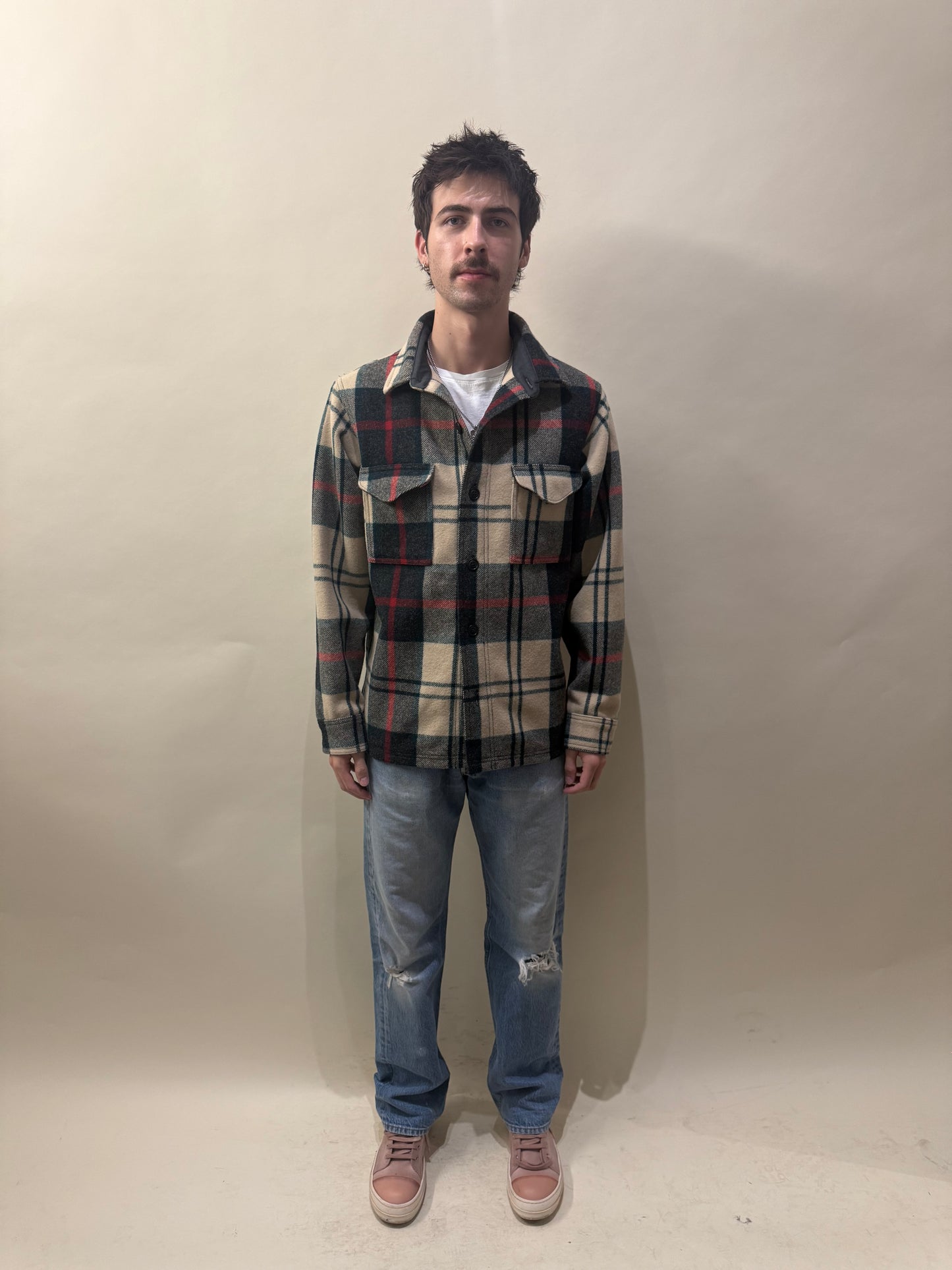 Filson Cream, Blue, & Red Plaid Mackinaw Wool Jac Shirt Small - S