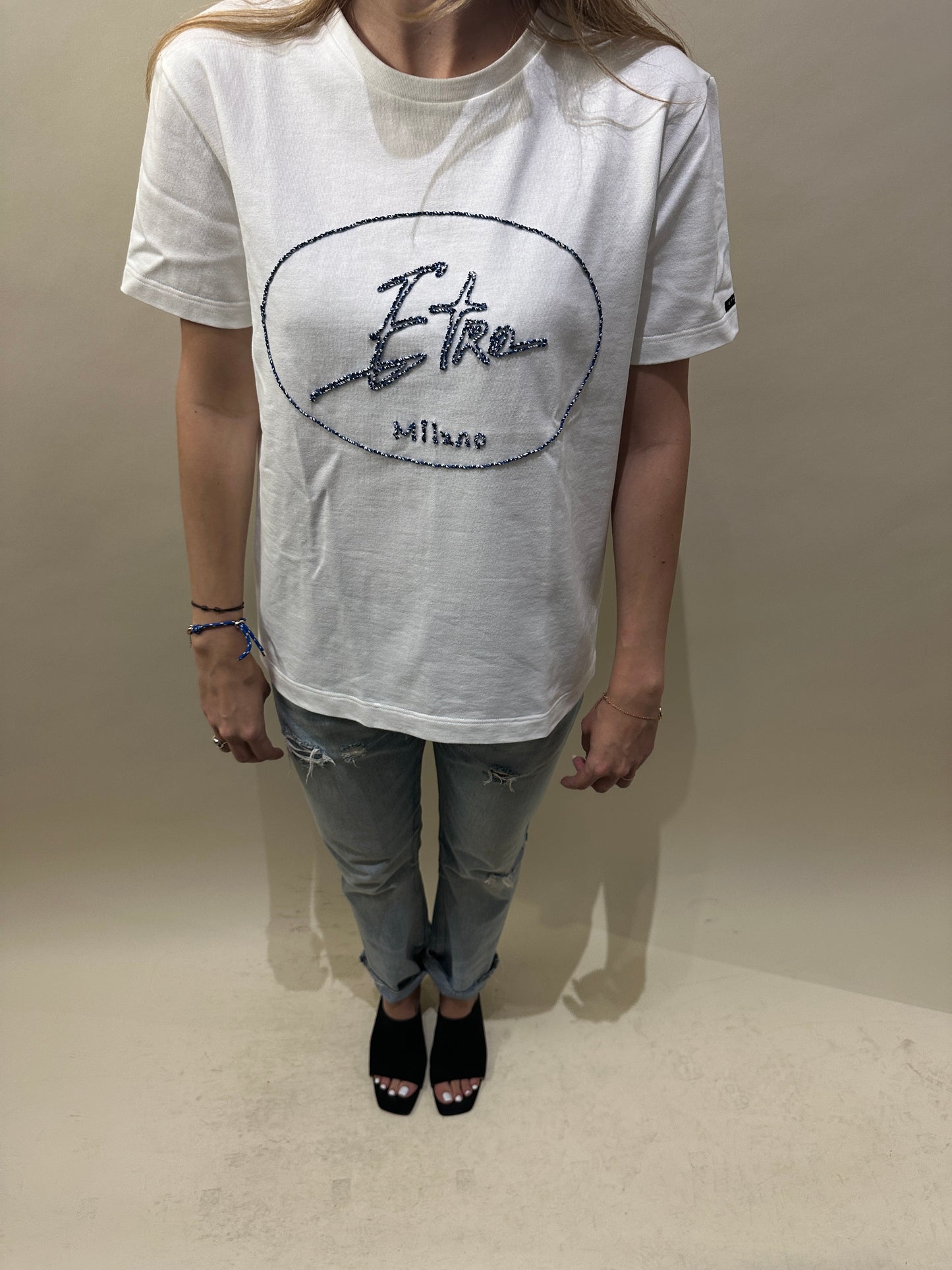 Etro White Cotton Embroidered Logo T-Shirt Small - S
