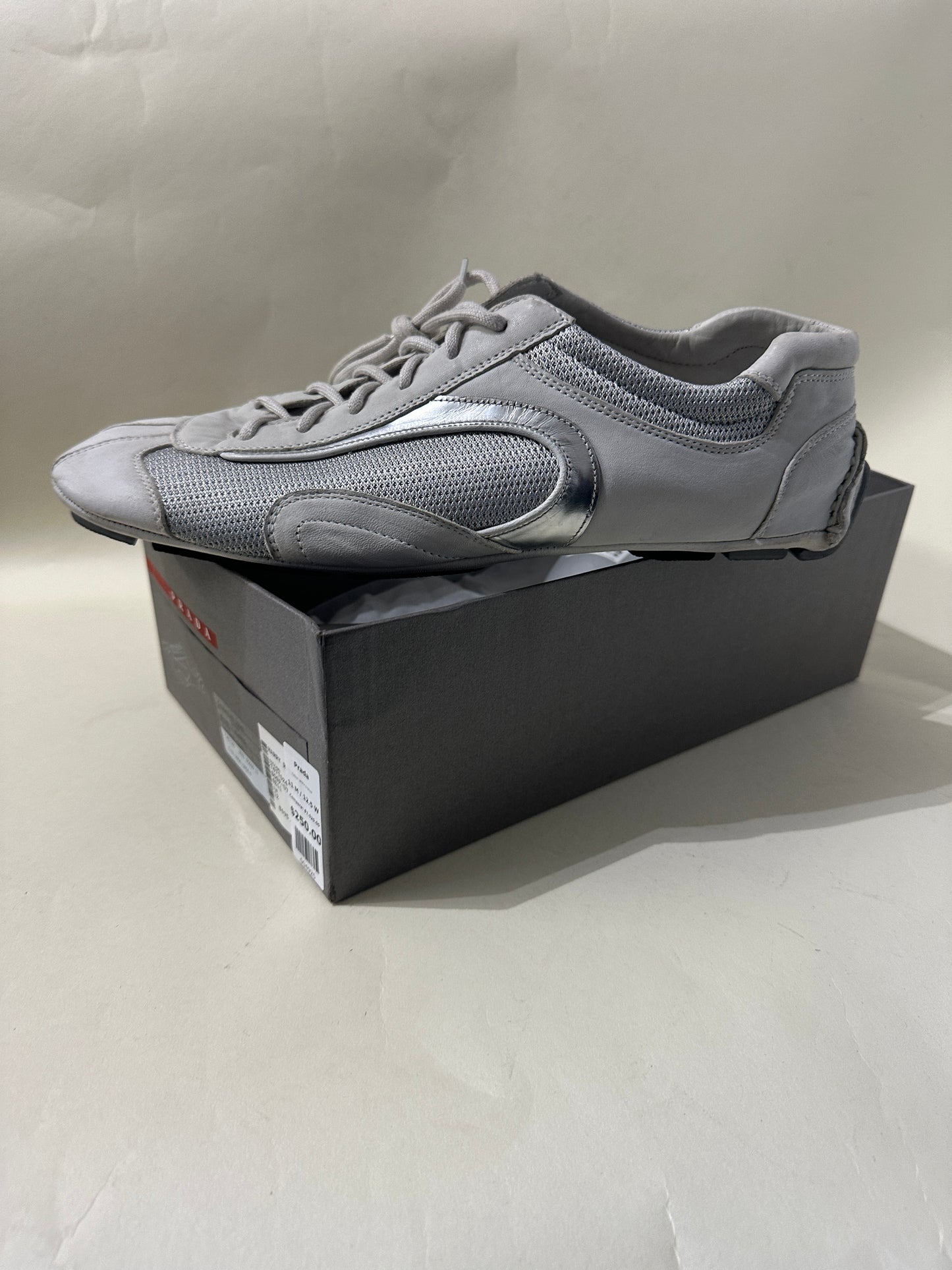 Prada White & Silver Montecarlo Flat Driving Sneakers 11 M / 12.5 W