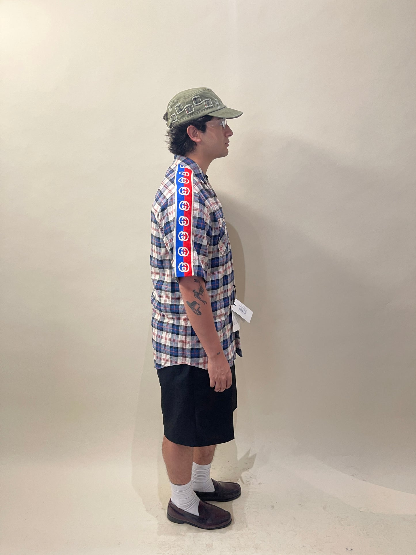 Gucci Blue, Red, & Cream Plaid SS Striped Shoulder Flannel 48
