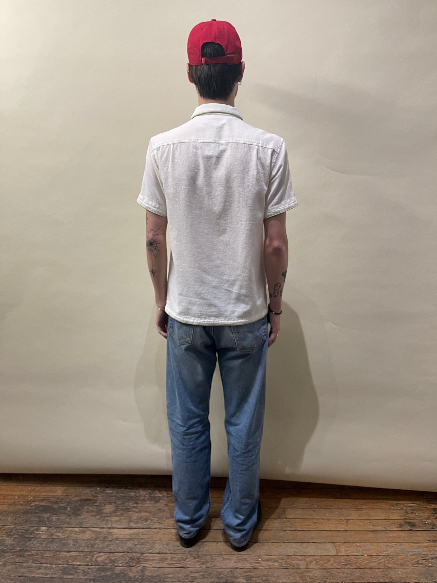 You Must Create Off White Textured Cotton Piped Camp Shirt Small - S