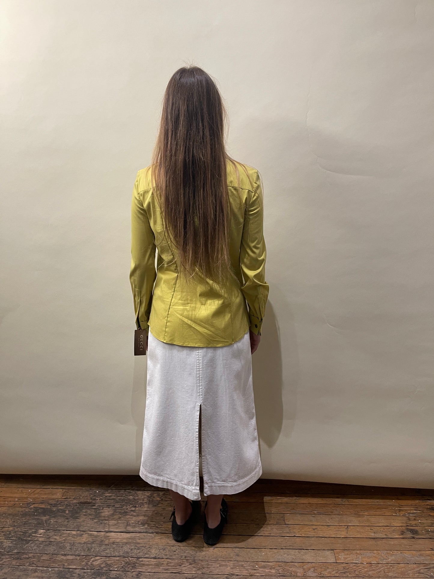 Gucci Yellow-Green Pleated Front LS Button Up Shirt 40