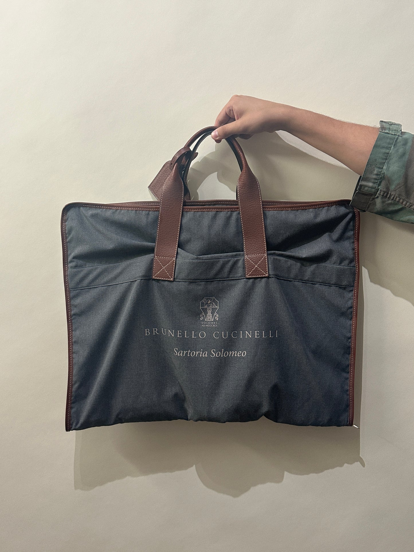 Brunello Cucinelli Dark Grey & Brown Leather Folding Garment Bag