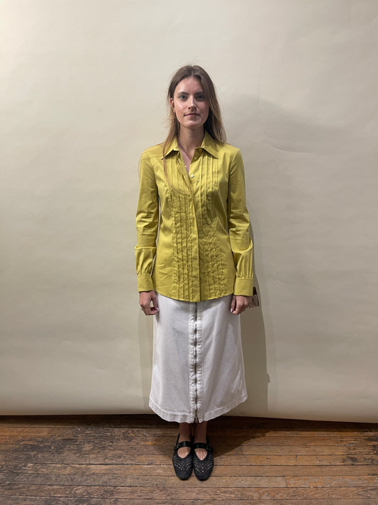 Gucci Yellow-Green Pleated Front LS Button Up Shirt 40