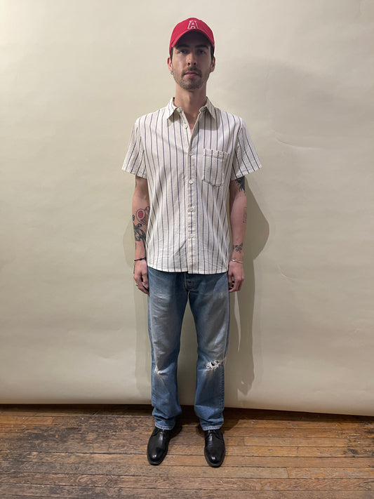 A.P.C. Bone & Blue Striped Textured Cotton SS Button Up Shirt Small - S
