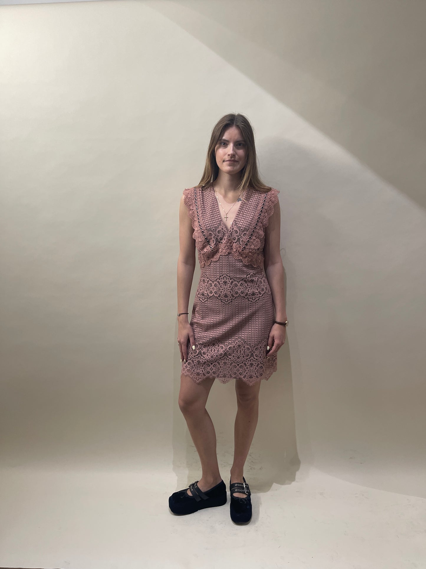Pinko Light Pink Lace & Grommet Midi Dress Medium - M