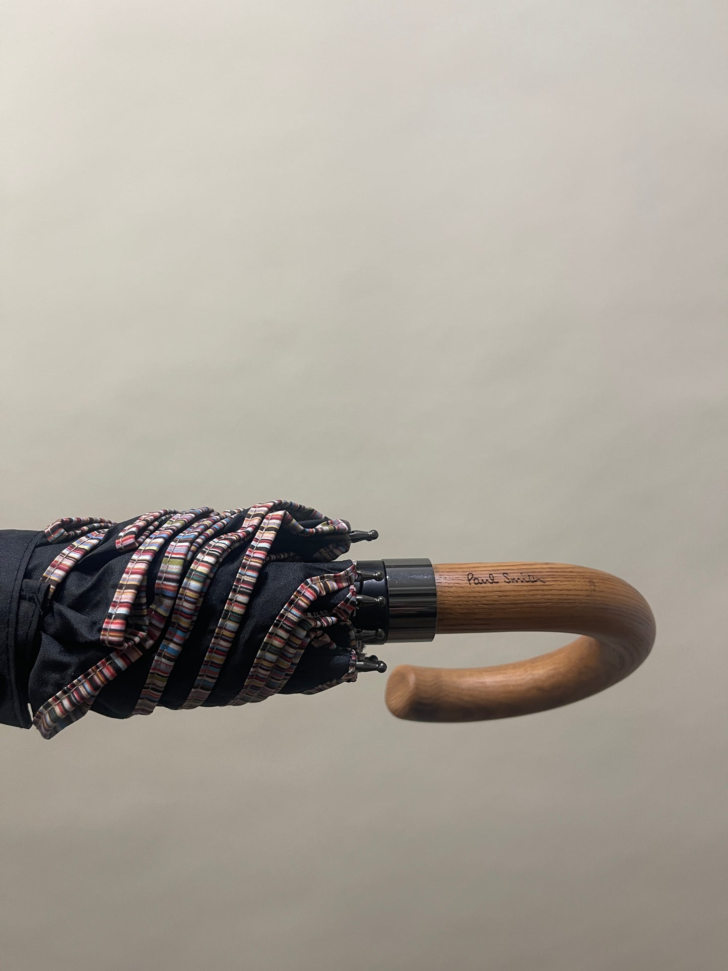 Paul Smith Black 'Signature Stripe' Wooden Handle Umbrella