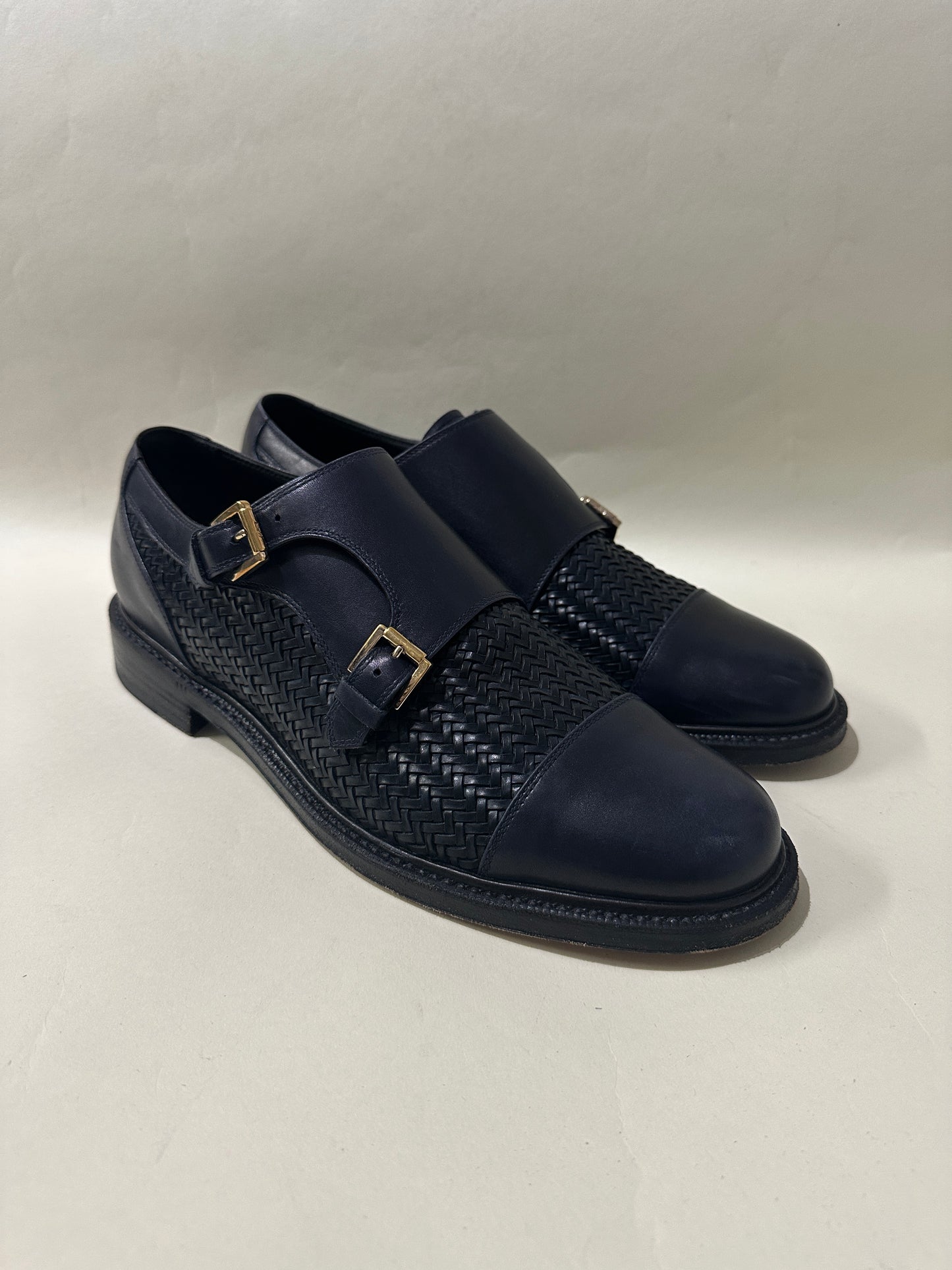Brioni Navy Blue Leather Woven Monk Strap Dress Shoes 10 M / 11.5 W