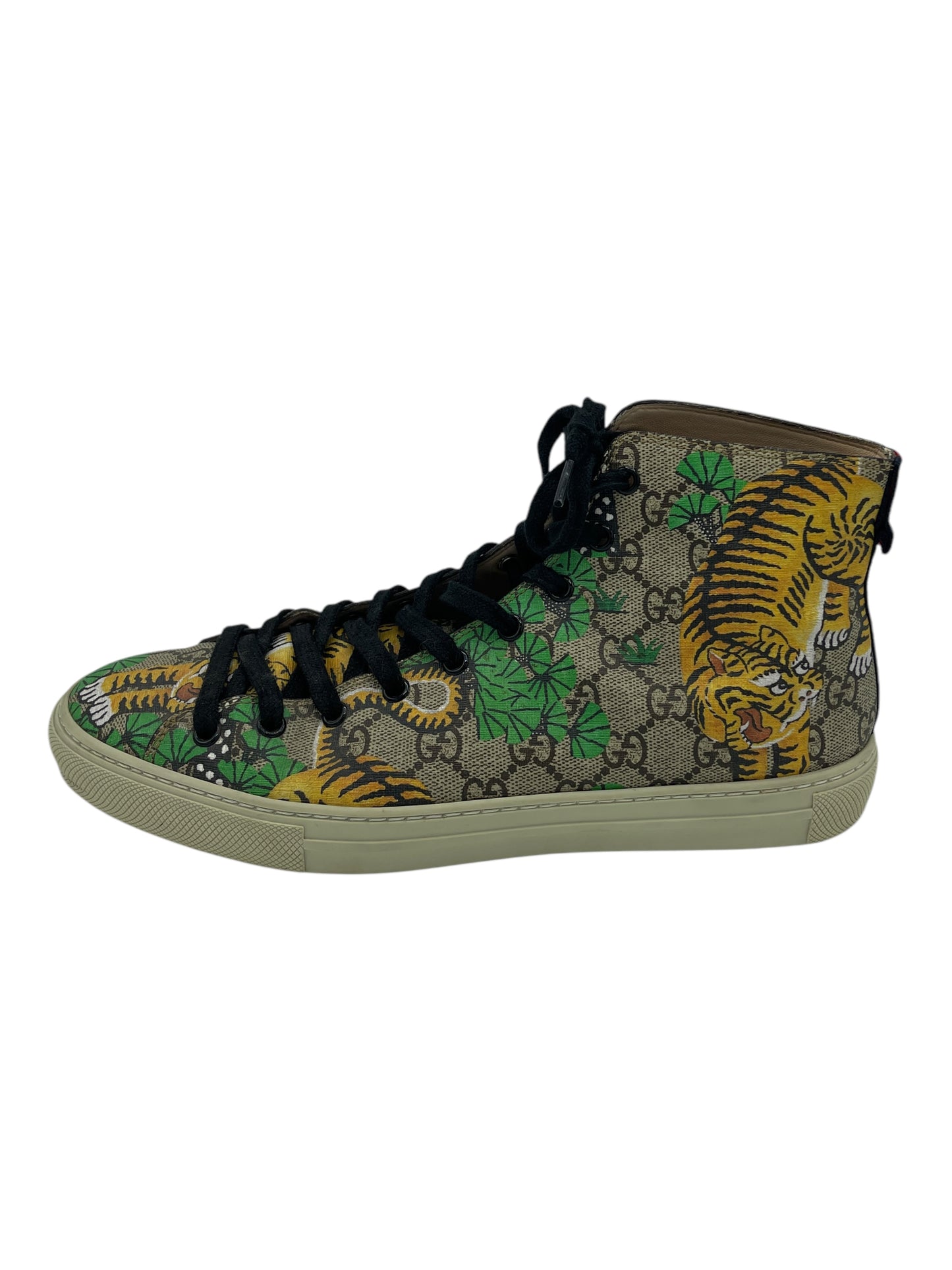 Gucci Tan, Green & Orange Monogram Tiger Print Coated Canvas High Top Sneakers 8 M / 9.5 W