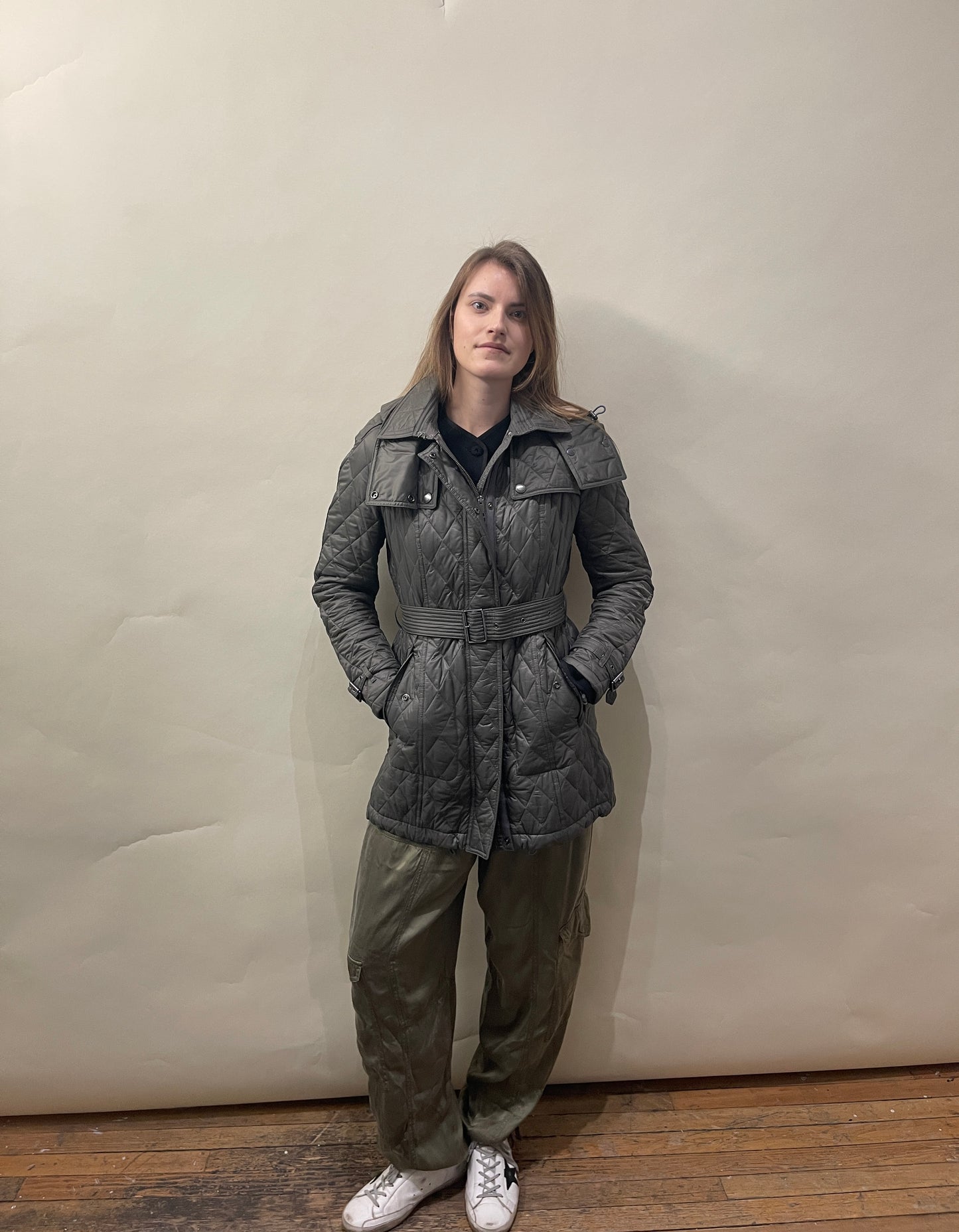 Burberry Sage Green Quilted Nylon Belted Jacket Medium - M