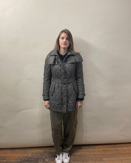 Burberry Sage Green Quilted Nylon Belted Jacket Medium - M