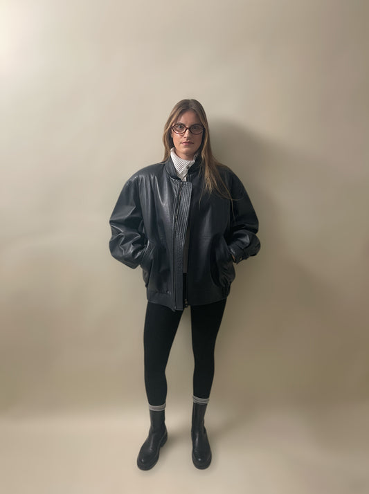 Nancy Lord Navy Blue Leather Bomber Jacket Extra Large - XL