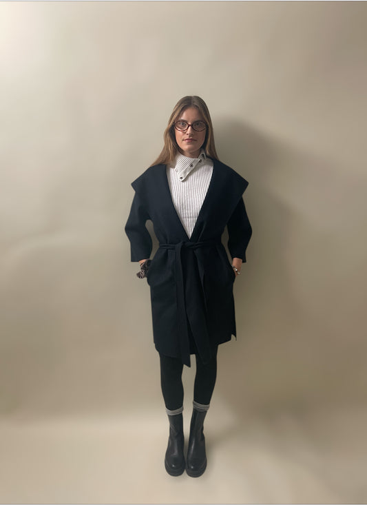 MaxMara Navy Blue Wool Blend Hooded Coat Medium - M