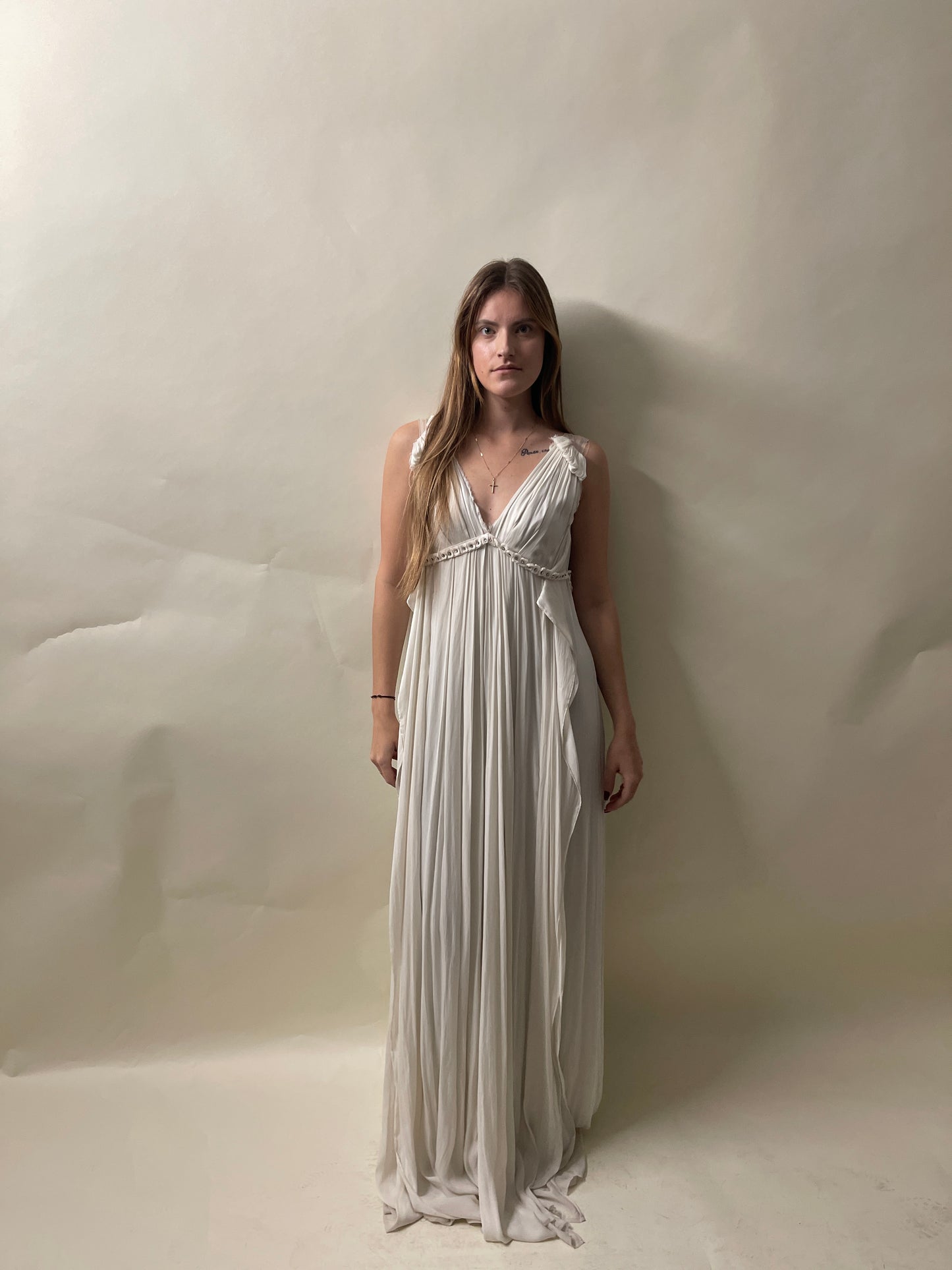 Lanvin Off White Silk & Polyester Distressed Motif Dress 40