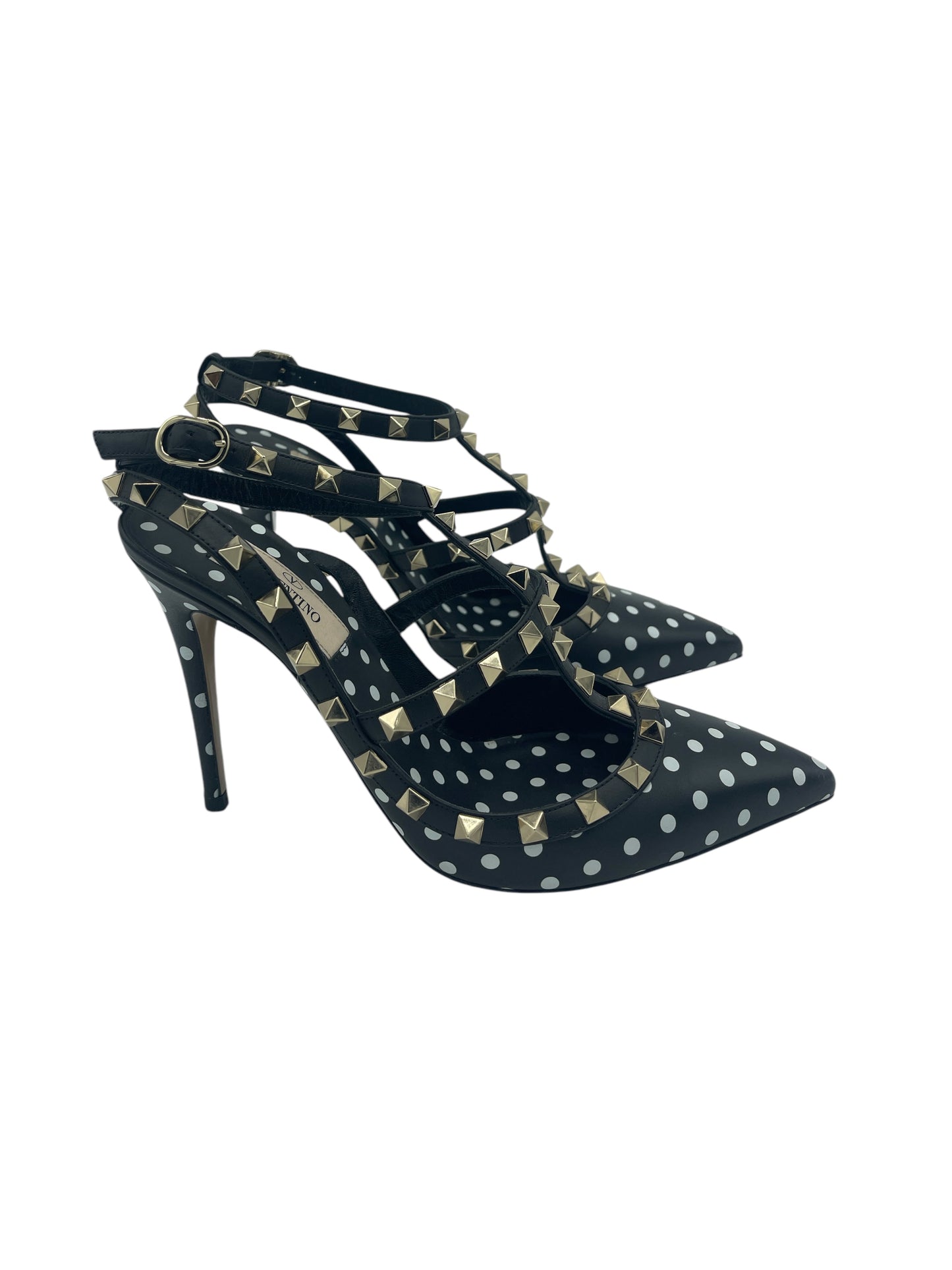 Valentino Black & White Polka Dot T Strap Rockstud Heels